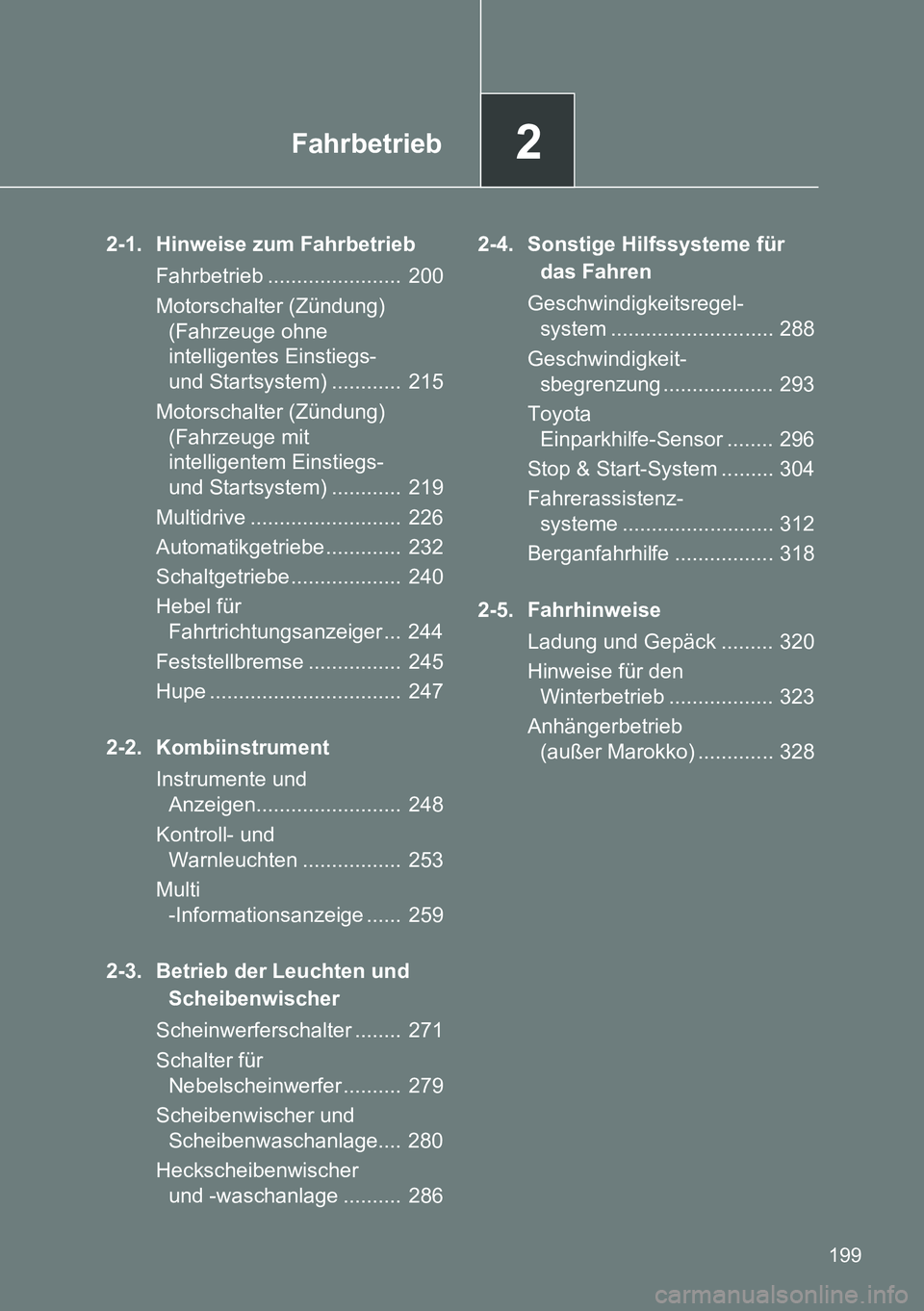 TOYOTA VERSO 2014 Betriebsanleitungen (in German) 2Fahrbetrieb
199
2-1. Hinweise zum Fahrbetrieb
Fahrbetrieb ....................... 200
Motorschalter (Zündung)
(Fahrzeuge ohne
intelligentes Einstiegs-
und Startsystem) ............ 215
Motorsch TOYOTA VERSO 2014 Betriebsanleitungen (in German) 2Fahrbetrieb
199
2-1. Hinweise zum Fahrbetrieb
Fahrbetrieb ....................... 200
Motorschalter (Zündung)
(Fahrzeuge ohne
intelligentes Einstiegs-
und Startsystem) ............ 215
Motorsch