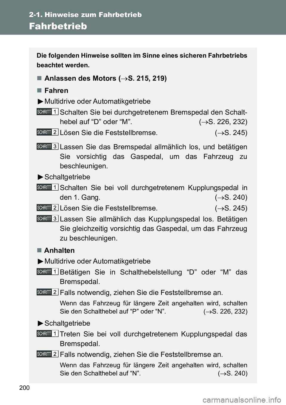TOYOTA VERSO 2014 Betriebsanleitungen (in German) 200
2-1. Hinweise zum Fahrbetrieb
Fahrbetrieb
Die folgenden Hinweise sollten im Sinne eines sicheren Fahrbetriebs
beachtet werden.
Anlassen des Motors (S. 215, 219)
Fahren
Multidrive oder Aut TOYOTA VERSO 2014 Betriebsanleitungen (in German) 200
2-1. Hinweise zum Fahrbetrieb
Fahrbetrieb
Die folgenden Hinweise sollten im Sinne eines sicheren Fahrbetriebs
beachtet werden.
Anlassen des Motors (S. 215, 219)
Fahren
Multidrive oder Aut