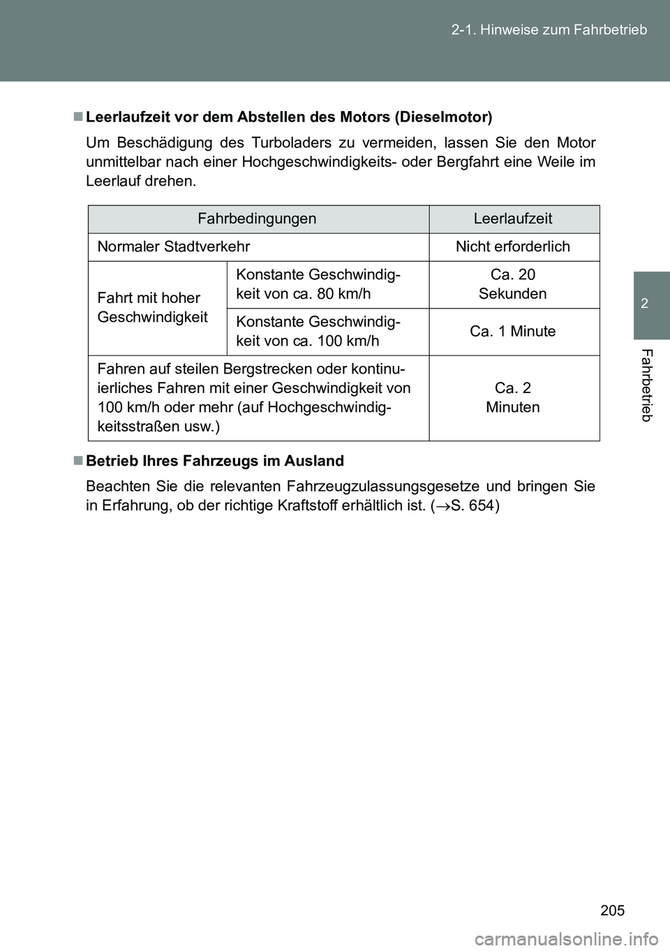 TOYOTA VERSO 2014 Betriebsanleitungen (in German) 205 2-1. Hinweise zum Fahrbetrieb
2
Fahrbetrieb
Leerlaufzeit vor dem Abstellen des Motors (Dieselmotor)
Um Beschädigung des Turboladers zu vermeiden, lassen Sie den Motor
unmittelbar nach einer Ho TOYOTA VERSO 2014 Betriebsanleitungen (in German) 205 2-1. Hinweise zum Fahrbetrieb
2
Fahrbetrieb
Leerlaufzeit vor dem Abstellen des Motors (Dieselmotor)
Um Beschädigung des Turboladers zu vermeiden, lassen Sie den Motor
unmittelbar nach einer Ho