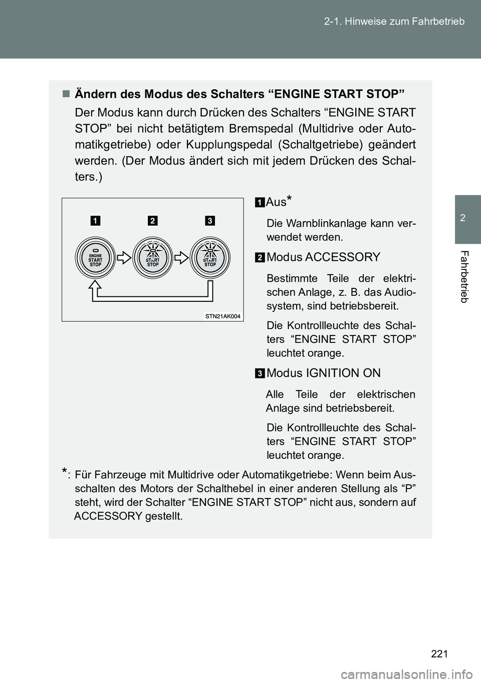TOYOTA VERSO 2014 Betriebsanleitungen (in German) 221 2-1. Hinweise zum Fahrbetrieb
2
Fahrbetrieb
Ändern des Modus des Schalters “ENGINE START STOP”
Der Modus kann durch Drücken des Schalters “ENGINE START
STOP” bei nicht betätigtem Bre TOYOTA VERSO 2014 Betriebsanleitungen (in German) 221 2-1. Hinweise zum Fahrbetrieb
2
Fahrbetrieb
Ändern des Modus des Schalters “ENGINE START STOP”
Der Modus kann durch Drücken des Schalters “ENGINE START
STOP” bei nicht betätigtem Bre