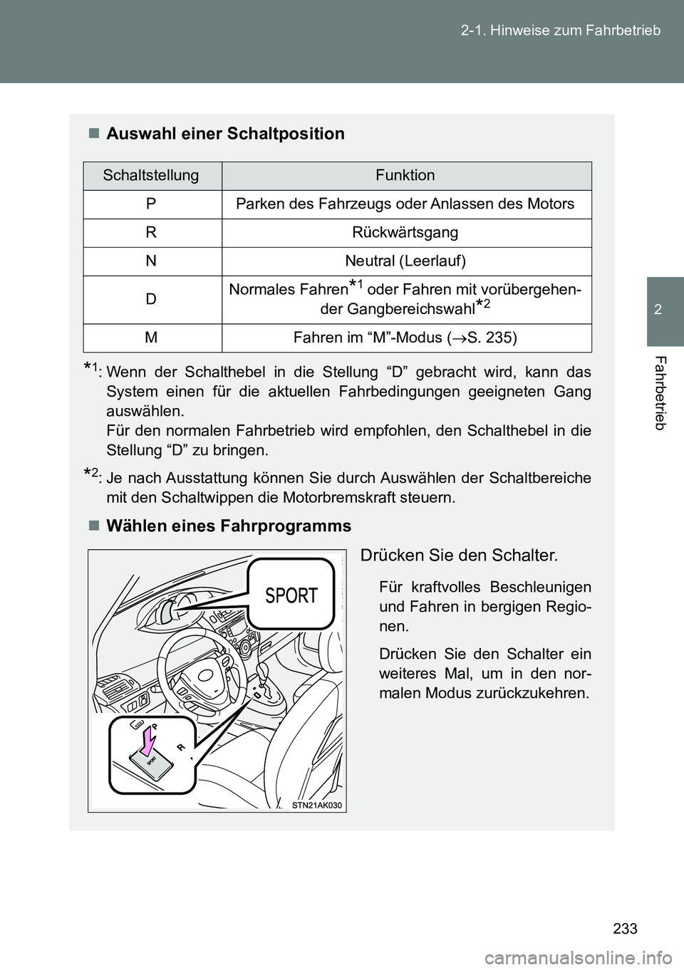 TOYOTA VERSO 2014 Betriebsanleitungen (in German) 233 2-1. Hinweise zum Fahrbetrieb
2
Fahrbetrieb
Auswahl einer Schaltposition
*1: Wenn der Schalthebel in die Stellung “D” gebracht wird, kann das
System einen für die aktuellen Fahrbedingungen TOYOTA VERSO 2014 Betriebsanleitungen (in German) 233 2-1. Hinweise zum Fahrbetrieb
2
Fahrbetrieb
Auswahl einer Schaltposition
*1: Wenn der Schalthebel in die Stellung “D” gebracht wird, kann das
System einen für die aktuellen Fahrbedingungen