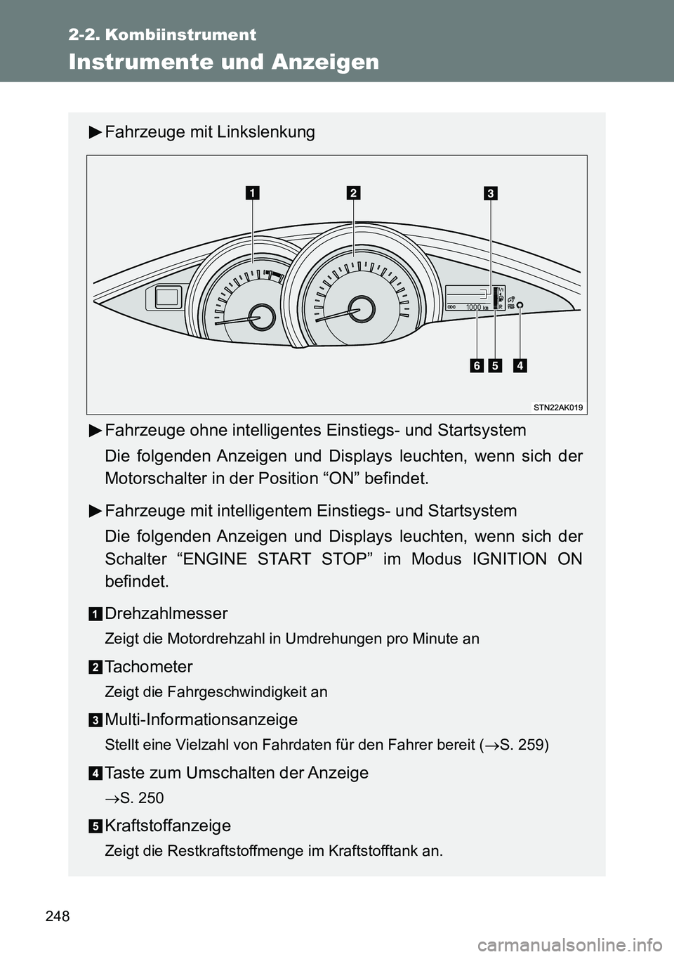 TOYOTA VERSO 2014  Betriebsanleitungen (in German) 248
2-2. Kombiinstrument
Instrumente und Anzeigen
Fahrzeuge mit Linkslenkung
Fahrzeuge ohne intelligentes Einstiegs- und Startsystem
Die folgenden Anzeigen und Displays leuchten, wenn sich der
Motorsc