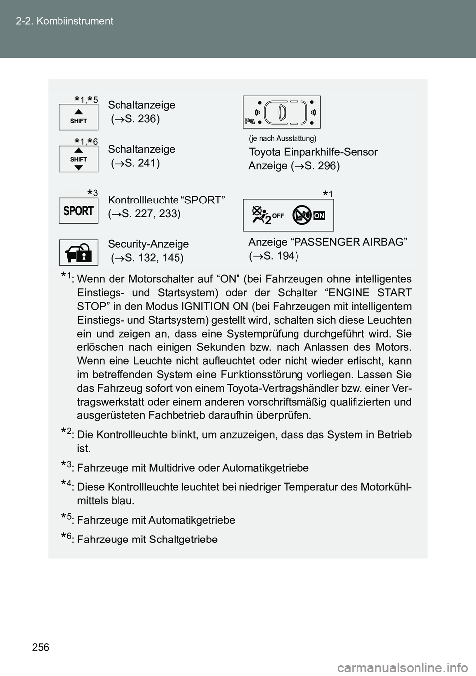 TOYOTA VERSO 2014  Betriebsanleitungen (in German) 256 2-2. Kombiinstrument
*1: Wenn der Motorschalter auf “ON” (bei Fahrzeugen ohne intelligentes
Einstiegs- und Startsystem) oder der Schalter “ENGINE START
STOP” in den Modus IGNITION ON (bei 