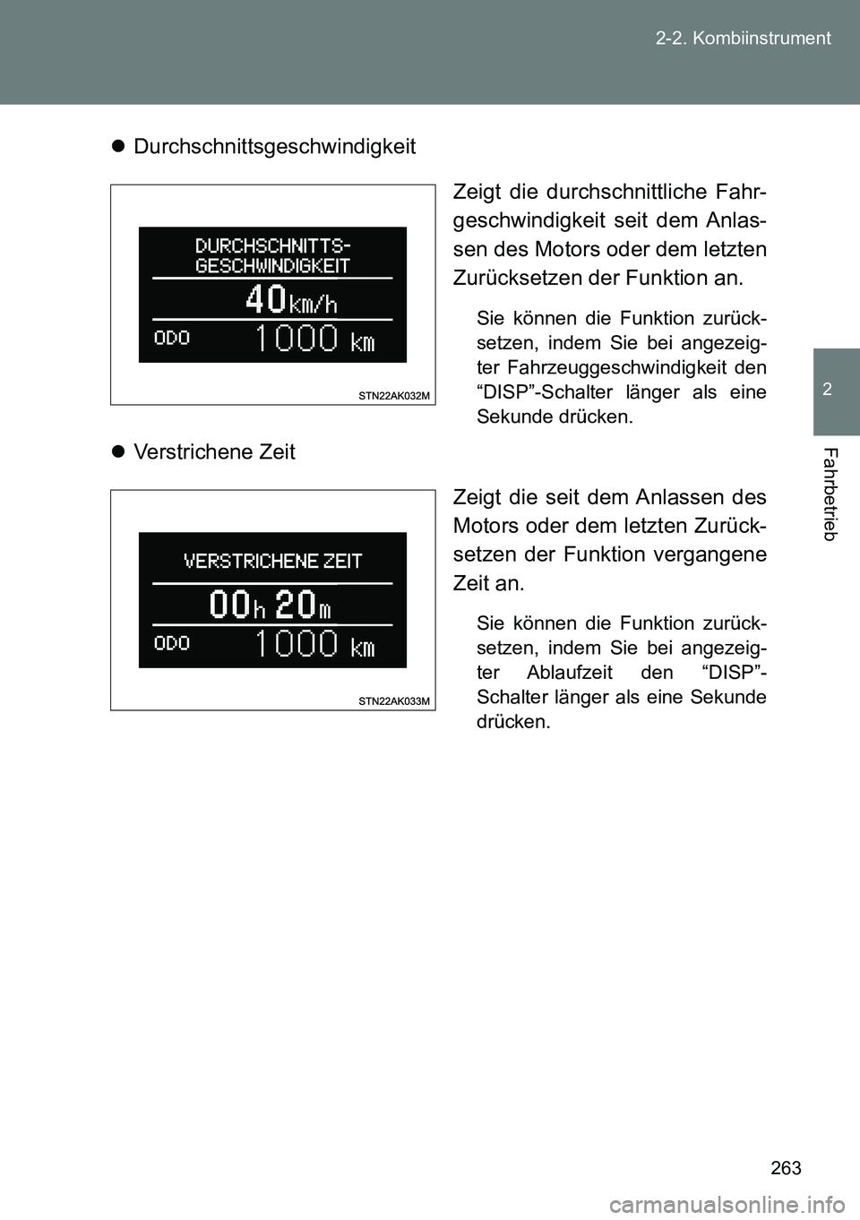 TOYOTA VERSO 2014  Betriebsanleitungen (in German) 263 2-2. Kombiinstrument
2
Fahrbetrieb
Durchschnittsgeschwindigkeit
Zeigt die durchschnittliche Fahr-
geschwindigkeit seit dem Anlas-
sen des Motors oder dem letzten
Zurücksetzen der Funktion an.

