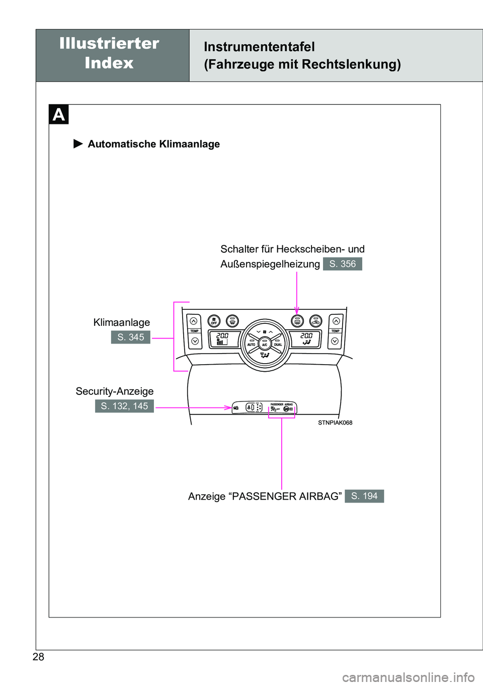 TOYOTA VERSO 2014  Betriebsanleitungen (in German) 28
 Automatische Klimaanlage
Security-Anzeige
S. 132, 145
Schalter für Heckscheiben- und 
Außenspiegelheizung 
S. 356
Anzeige “PASSENGER AIRBAG” S. 194
Klimaanlage
S. 345
Instrumententafel
(Fahr