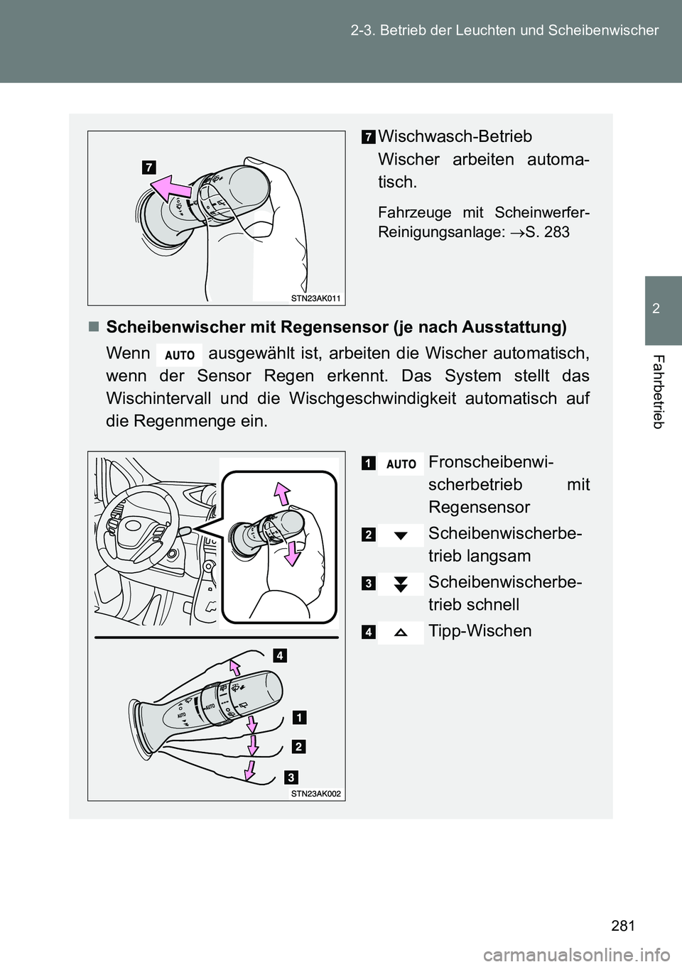 TOYOTA VERSO 2014 Betriebsanleitungen (in German) 281 2-3. Betrieb der Leuchten und Scheibenwischer
2
Fahrbetrieb
Wischwasch-Betrieb
Wischer arbeiten automa-
tisch.
Fahrzeuge mit Scheinwerfer-
Reinigungsanlage: S. 283
Scheibenwischer mit Regen TOYOTA VERSO 2014 Betriebsanleitungen (in German) 281 2-3. Betrieb der Leuchten und Scheibenwischer
2
Fahrbetrieb
Wischwasch-Betrieb
Wischer arbeiten automa-
tisch.
Fahrzeuge mit Scheinwerfer-
Reinigungsanlage: S. 283
Scheibenwischer mit Regen