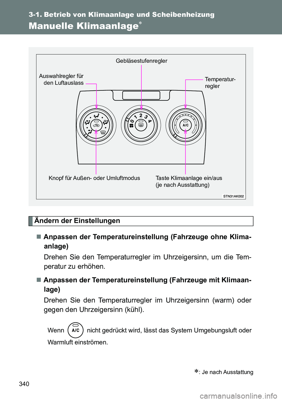 TOYOTA VERSO 2014  Betriebsanleitungen (in German) 340
3-1. Betrieb von Klimaanlage und Scheibenheizung
Manuelle Klimaanlage
Ändern der Einstellungen
Anpassen der Temperatureinstellung (Fahrzeuge ohne Klima-
anlage)
Drehen Sie den Temperaturreg
