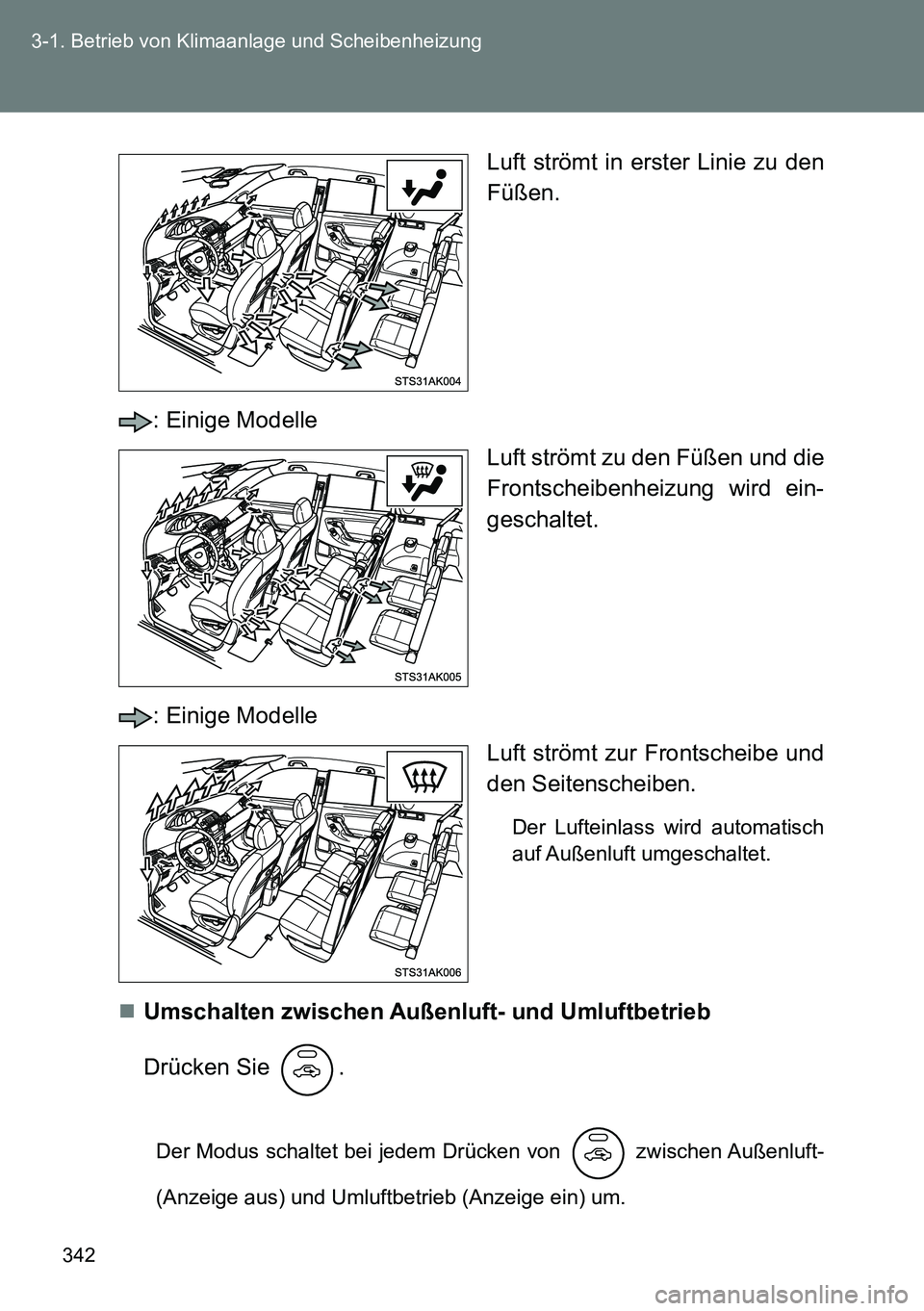 TOYOTA VERSO 2014  Betriebsanleitungen (in German) 342 3-1. Betrieb von Klimaanlage und Scheibenheizung
Luft strömt in erster Linie zu den
Füßen.
: Einige Modelle
Luft strömt zu den Füßen und die
Frontscheibenheizung wird ein-
geschaltet.
: Eini