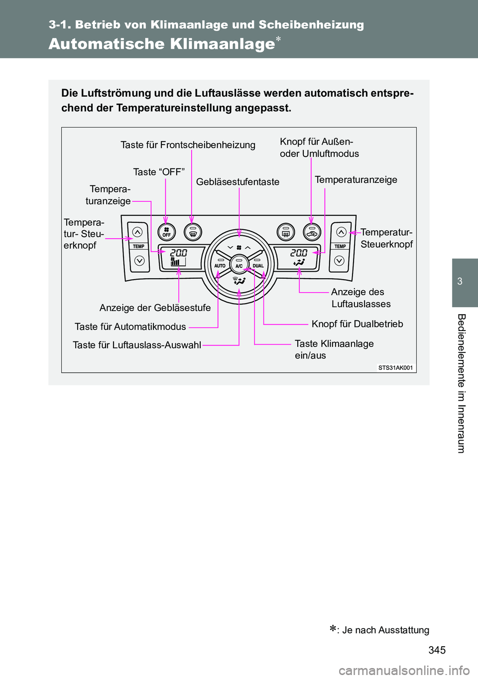 TOYOTA VERSO 2014  Betriebsanleitungen (in German) 345
3-1. Betrieb von Klimaanlage und Scheibenheizung
3
Bedienelemente im Innenraum
Automatische Klimaanlage
: Je nach Ausstattung
Die Luftströmung und die Luftauslässe werden automatisch entsp