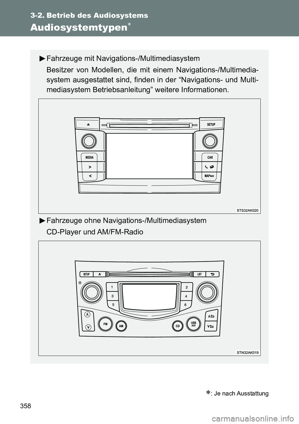 TOYOTA VERSO 2014 Betriebsanleitungen (in German) 358
3-2. Betrieb des Audiosystems
Audiosystemtypen
: Je nach Ausstattung
Fahrzeuge mit Navigations-/Multimediasystem
Besitzer von Modellen, die mit einem Navigations-/Multimedia-
system ausgesta TOYOTA VERSO 2014 Betriebsanleitungen (in German) 358
3-2. Betrieb des Audiosystems
Audiosystemtypen
: Je nach Ausstattung
Fahrzeuge mit Navigations-/Multimediasystem
Besitzer von Modellen, die mit einem Navigations-/Multimedia-
system ausgesta