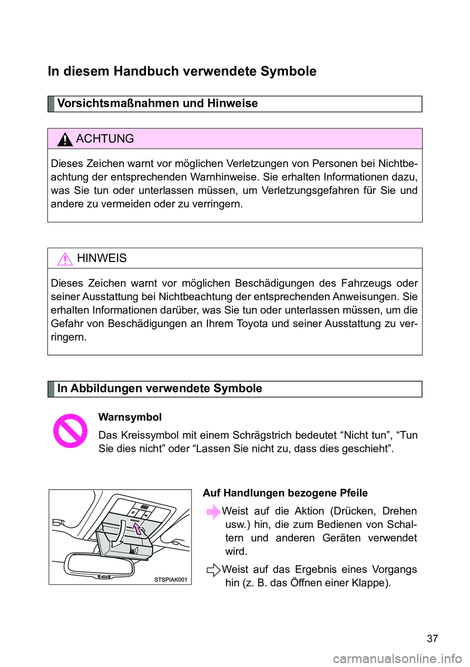 TOYOTA VERSO 2014  Betriebsanleitungen (in German) 37
In diesem Handbuch verwendete Symbole
Vorsichtsmaßnahmen und Hinweise 
In Abbildungen verwendete Symbole
ACHTUNG
Dieses Zeichen warnt vor möglichen Verletzungen von Personen bei Nichtbe-
achtung 