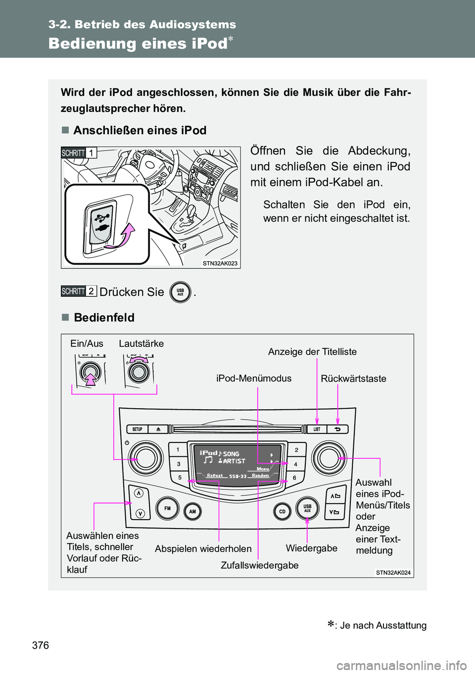 TOYOTA VERSO 2014 Betriebsanleitungen (in German) 376
3-2. Betrieb des Audiosystems
Bedienung eines iPod
: Je nach Ausstattung
Wird der iPod angeschlossen, können Sie die Musik über die Fahr-
zeuglautsprecher hören.
Anschließen eines iPo TOYOTA VERSO 2014 Betriebsanleitungen (in German) 376
3-2. Betrieb des Audiosystems
Bedienung eines iPod
: Je nach Ausstattung
Wird der iPod angeschlossen, können Sie die Musik über die Fahr-
zeuglautsprecher hören.
Anschließen eines iPo