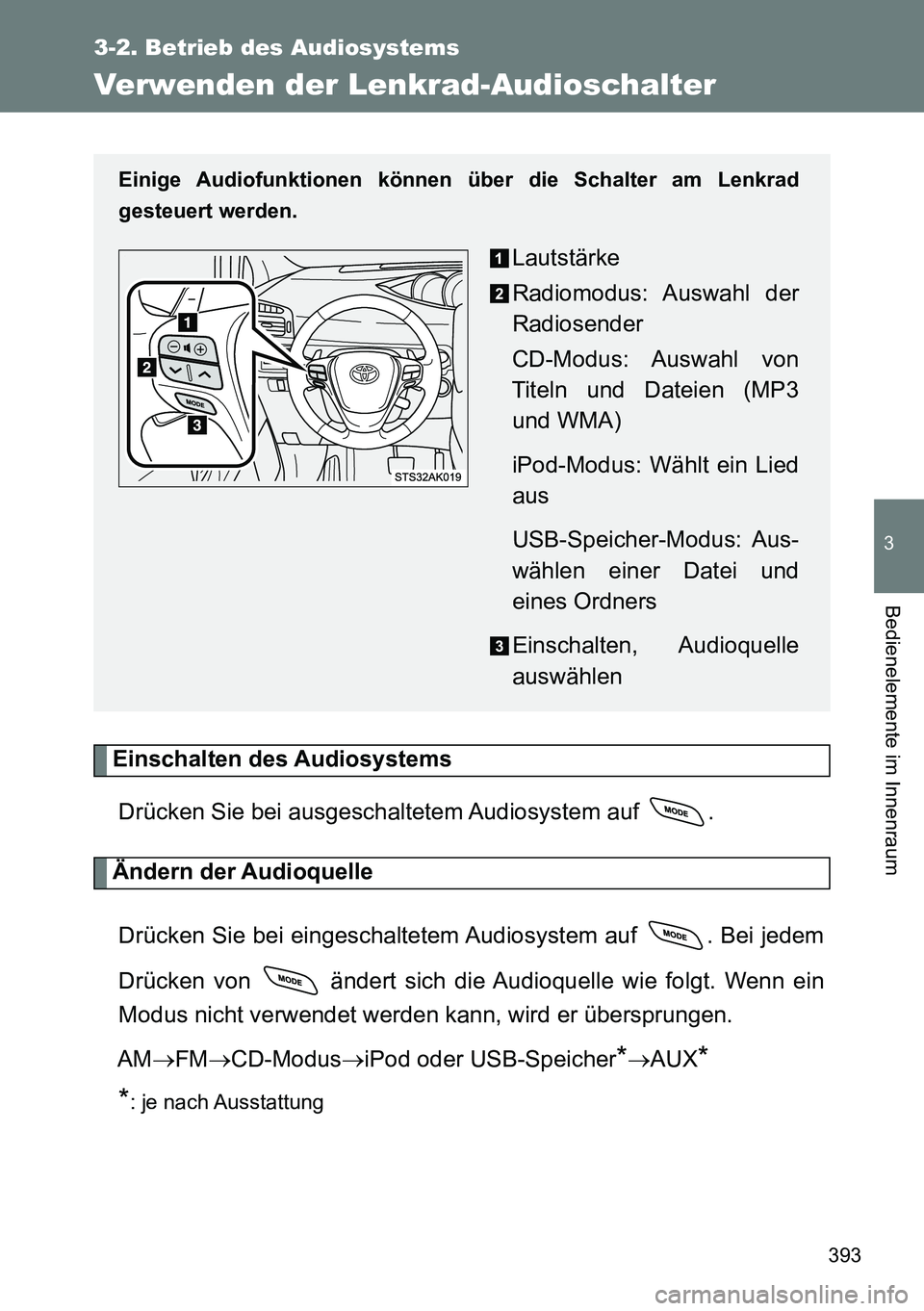 TOYOTA VERSO 2014  Betriebsanleitungen (in German) 393
3-2. Betrieb des Audiosystems
3
Bedienelemente im Innenraum
Verwenden der Lenkrad-Audioschalter
Einschalten des Audiosystems
Drücken Sie bei ausgeschaltetem Audiosystem auf  .
Ändern der Audioqu