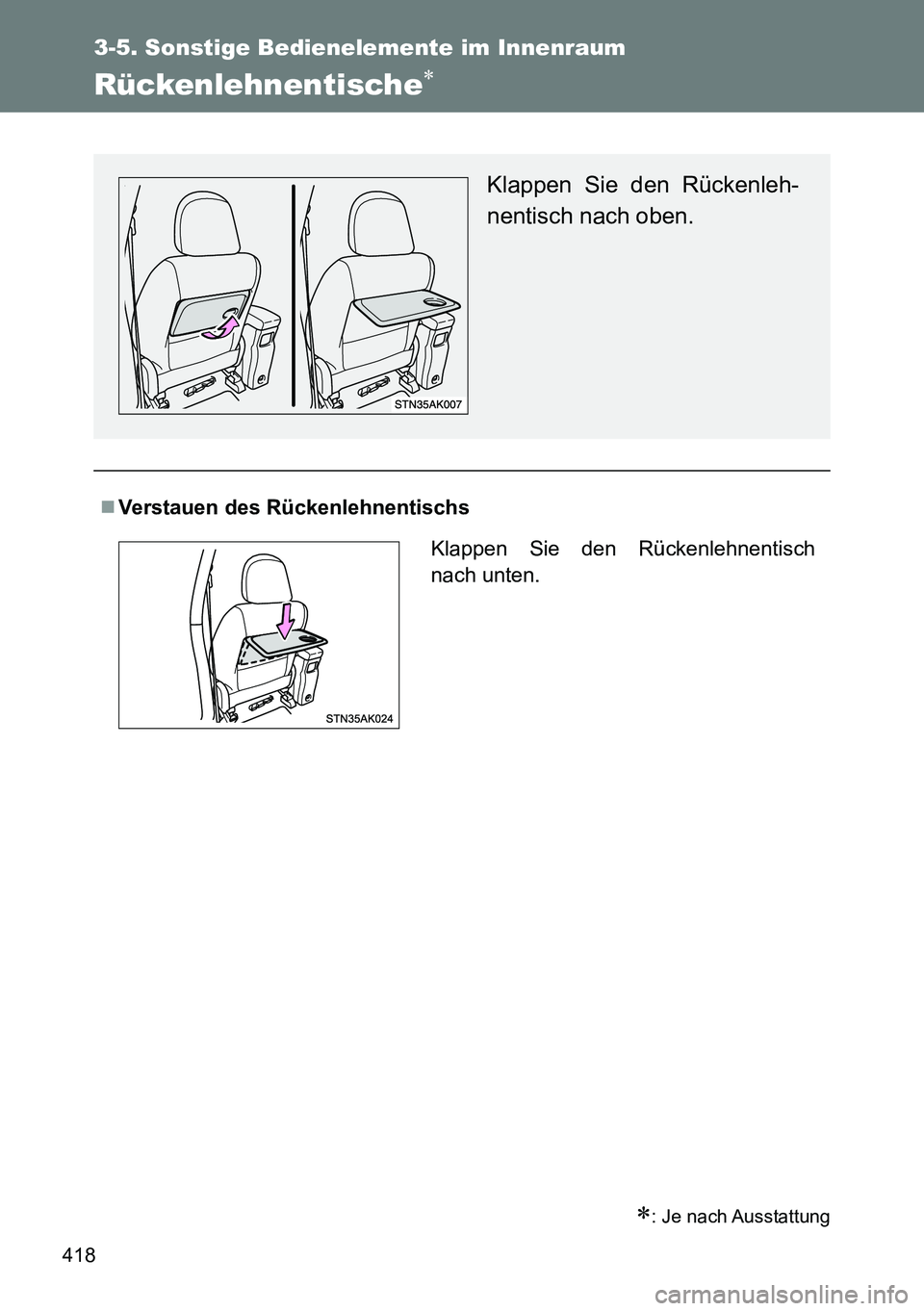 TOYOTA VERSO 2014  Betriebsanleitungen (in German) 418
3-5. Sonstige Bedienelemente im Innenraum
Rückenlehnentische
: Je nach Ausstattung
Verstauen des Rückenlehnentischs
Klappen Sie den Rückenleh-
nentisch nach oben.
Klappen Sie den Rück