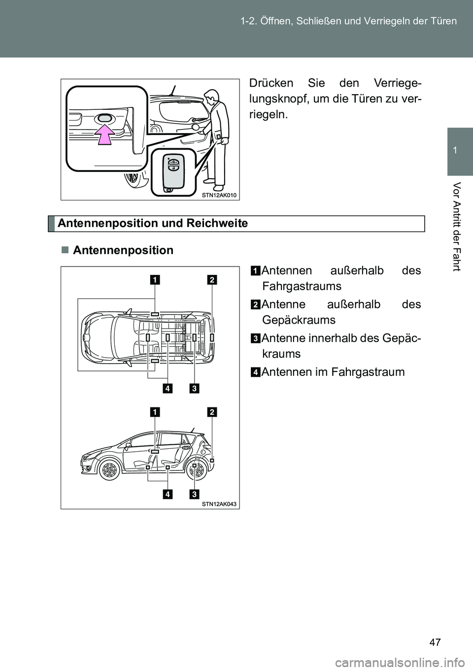 TOYOTA VERSO 2014  Betriebsanleitungen (in German) 47 1-2. Öffnen, Schließen und Verriegeln der Türen
1
Vor Antritt der Fahrt
Drücken Sie den Verriege-
lungsknopf, um die Türen zu ver-
riegeln.
Antennenposition und Reichweite
Antennenposition
