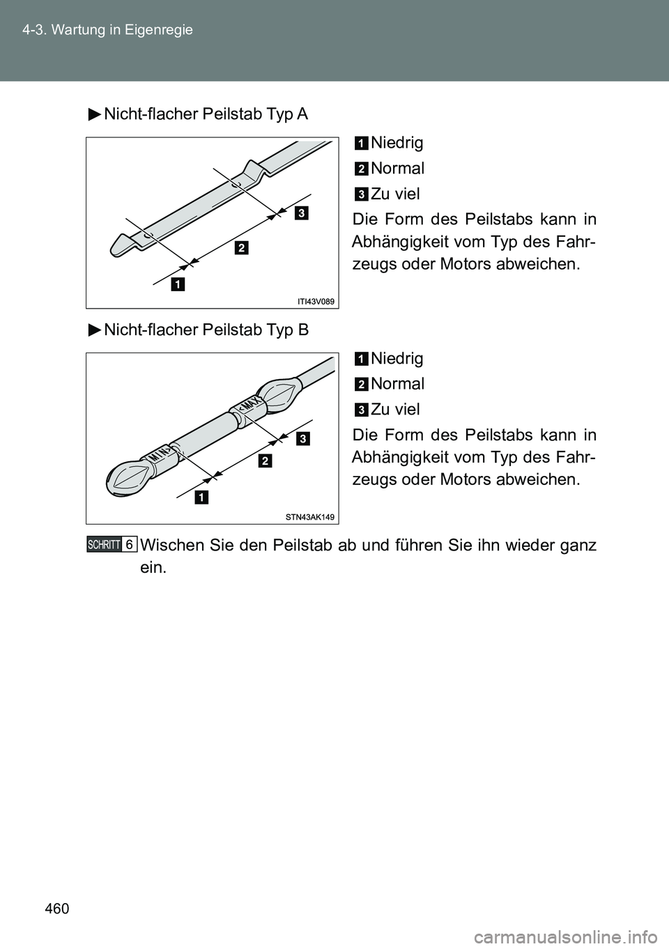 TOYOTA VERSO 2014 Betriebsanleitungen (in German) 460 4-3. Wartung in Eigenregie
Nicht-flacher Peilstab Typ A
Niedrig
Normal
Zu viel
Die Form des Peilstabs kann in
Abhängigkeit vom Typ des Fahr-
zeugs oder Motors abweichen.
Nicht-flacher Peilstab Ty TOYOTA VERSO 2014 Betriebsanleitungen (in German) 460 4-3. Wartung in Eigenregie
Nicht-flacher Peilstab Typ A
Niedrig
Normal
Zu viel
Die Form des Peilstabs kann in
Abhängigkeit vom Typ des Fahr-
zeugs oder Motors abweichen.
Nicht-flacher Peilstab Ty