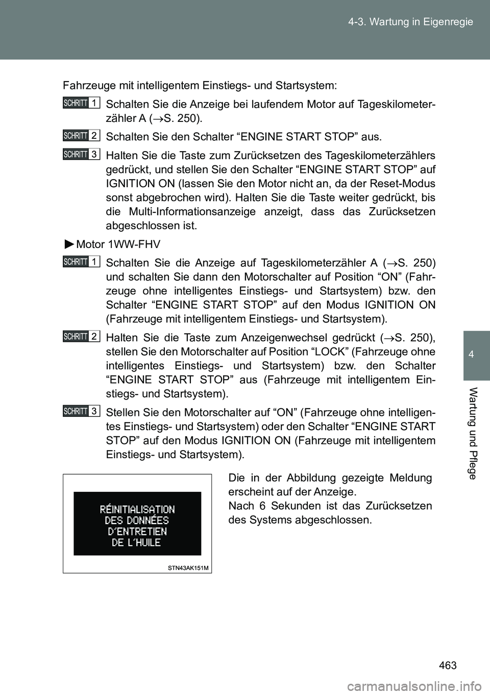 TOYOTA VERSO 2014  Betriebsanleitungen (in German) 463 4-3. Wartung in Eigenregie
4
Wartung und Pflege
Fahrzeuge mit intelligentem Einstiegs- und Startsystem:
Schalten Sie die Anzeige bei laufendem Motor auf Tageskilometer-
zähler A  (S. 250).
Sch