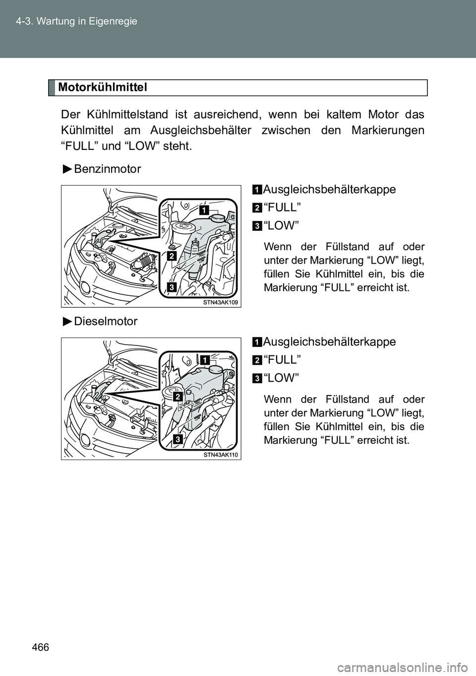 TOYOTA VERSO 2014 Betriebsanleitungen (in German) 466 4-3. Wartung in Eigenregie
Motorkühlmittel
Der Kühlmittelstand ist ausreichend, wenn bei kaltem Motor das
Kühlmittel am Ausgleichsbehälter zwischen den Markierungen
“FULL” und “LOW” st TOYOTA VERSO 2014 Betriebsanleitungen (in German) 466 4-3. Wartung in Eigenregie
Motorkühlmittel
Der Kühlmittelstand ist ausreichend, wenn bei kaltem Motor das
Kühlmittel am Ausgleichsbehälter zwischen den Markierungen
“FULL” und “LOW” st