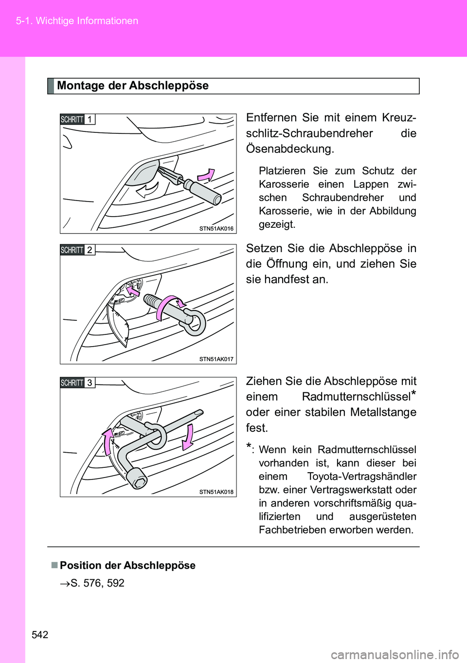 TOYOTA VERSO 2014 Betriebsanleitungen (in German) 542 5-1. Wichtige Informationen
Montage der Abschleppöse
Entfernen Sie mit einem Kreuz-
schlitz-Schraubendreher die
Ösenabdeckung.
Platzieren Sie zum Schutz der
Karosserie einen Lappen zwi-
schen S TOYOTA VERSO 2014 Betriebsanleitungen (in German) 542 5-1. Wichtige Informationen
Montage der Abschleppöse
Entfernen Sie mit einem Kreuz-
schlitz-Schraubendreher die
Ösenabdeckung.
Platzieren Sie zum Schutz der
Karosserie einen Lappen zwi-
schen S
