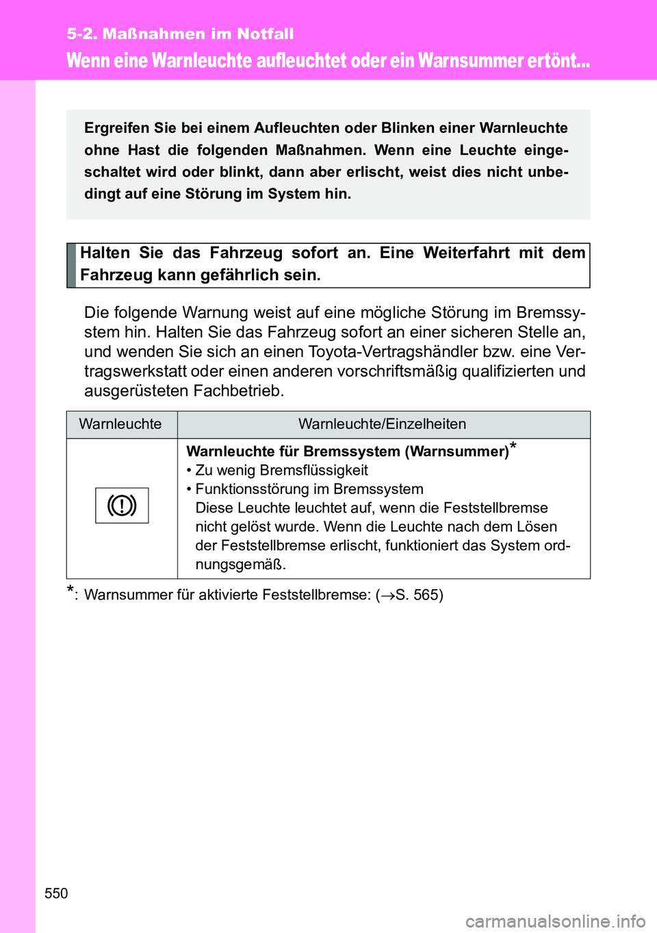TOYOTA VERSO 2014 Betriebsanleitungen (in German) 550
5-2. Maßnahmen im Notfall
Wenn eine Warnleuchte aufleuchtet oder ein Warnsummer ertönt...
Halten Sie das Fahrzeug sofort an. Eine Weiterfahrt mit dem
Fahrzeug kann gefährlich sein.
Die folgende TOYOTA VERSO 2014 Betriebsanleitungen (in German) 550
5-2. Maßnahmen im Notfall
Wenn eine Warnleuchte aufleuchtet oder ein Warnsummer ertönt...
Halten Sie das Fahrzeug sofort an. Eine Weiterfahrt mit dem
Fahrzeug kann gefährlich sein.
Die folgende