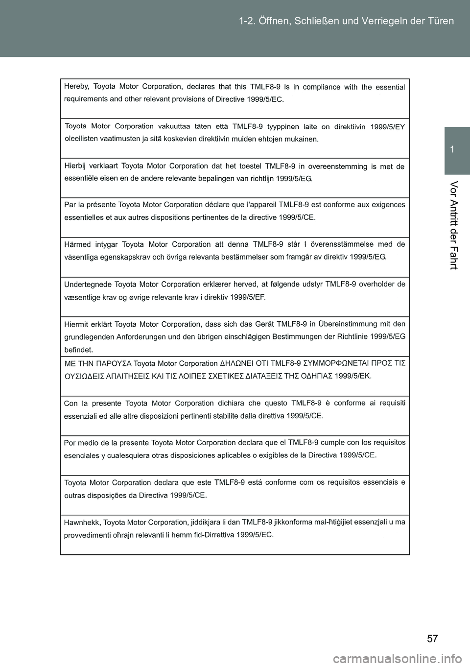 TOYOTA VERSO 2014  Betriebsanleitungen (in German) 57 1-2. Öffnen, Schließen und Verriegeln der Türen
1
Vor Antritt der Fahrt 
