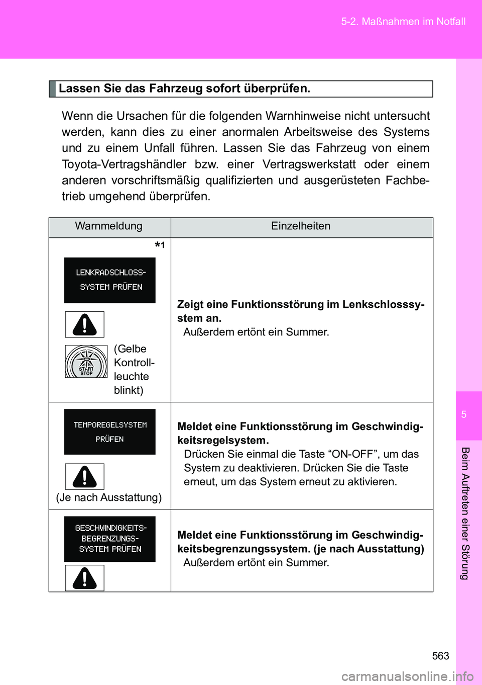 TOYOTA VERSO 2014 Betriebsanleitungen (in German) 5
563 5-2. Maßnahmen im Notfall
Beim Auftreten einer Störung
Lassen Sie das Fahrzeug sofort überprüfen.
Wenn die Ursachen für die folgenden Warnhinweise nicht untersucht
werden, kann dies zu eine TOYOTA VERSO 2014 Betriebsanleitungen (in German) 5
563 5-2. Maßnahmen im Notfall
Beim Auftreten einer Störung
Lassen Sie das Fahrzeug sofort überprüfen.
Wenn die Ursachen für die folgenden Warnhinweise nicht untersucht
werden, kann dies zu eine
