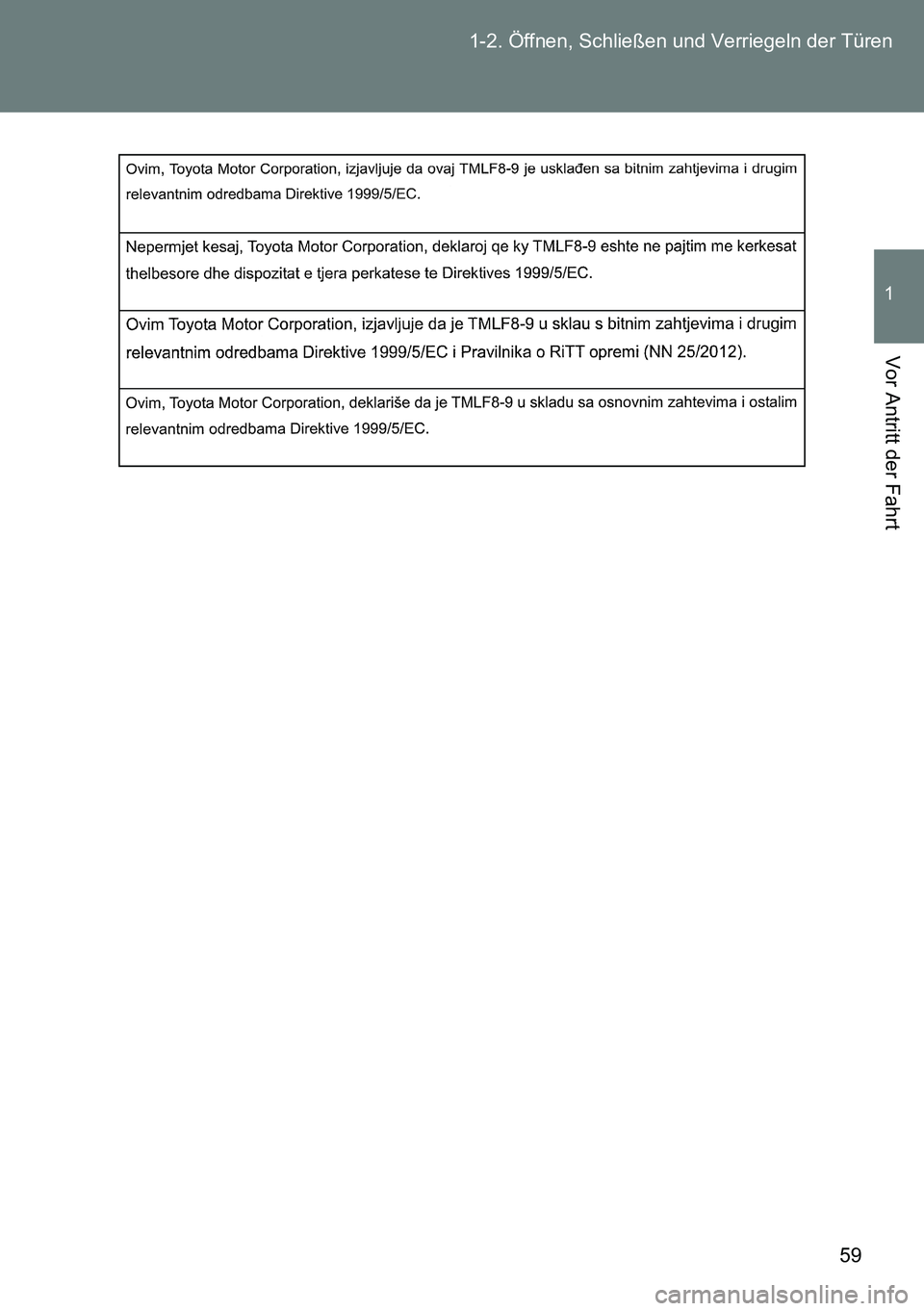 TOYOTA VERSO 2014  Betriebsanleitungen (in German) 59 1-2. Öffnen, Schließen und Verriegeln der Türen
1
Vor Antritt der Fahrt 