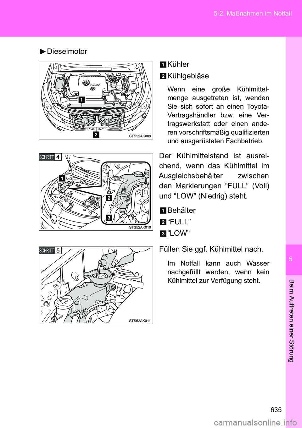 TOYOTA VERSO 2014 Betriebsanleitungen (in German) 5
635 5-2. Maßnahmen im Notfall
Beim Auftreten einer Störung
Dieselmotor
Kühler
Kühlgebläse
Wenn eine große Kühlmittel-
menge ausgetreten ist, wenden
Sie sich sofort an einen Toyota-
Vertragsh TOYOTA VERSO 2014 Betriebsanleitungen (in German) 5
635 5-2. Maßnahmen im Notfall
Beim Auftreten einer Störung
Dieselmotor
Kühler
Kühlgebläse
Wenn eine große Kühlmittel-
menge ausgetreten ist, wenden
Sie sich sofort an einen Toyota-
Vertragsh