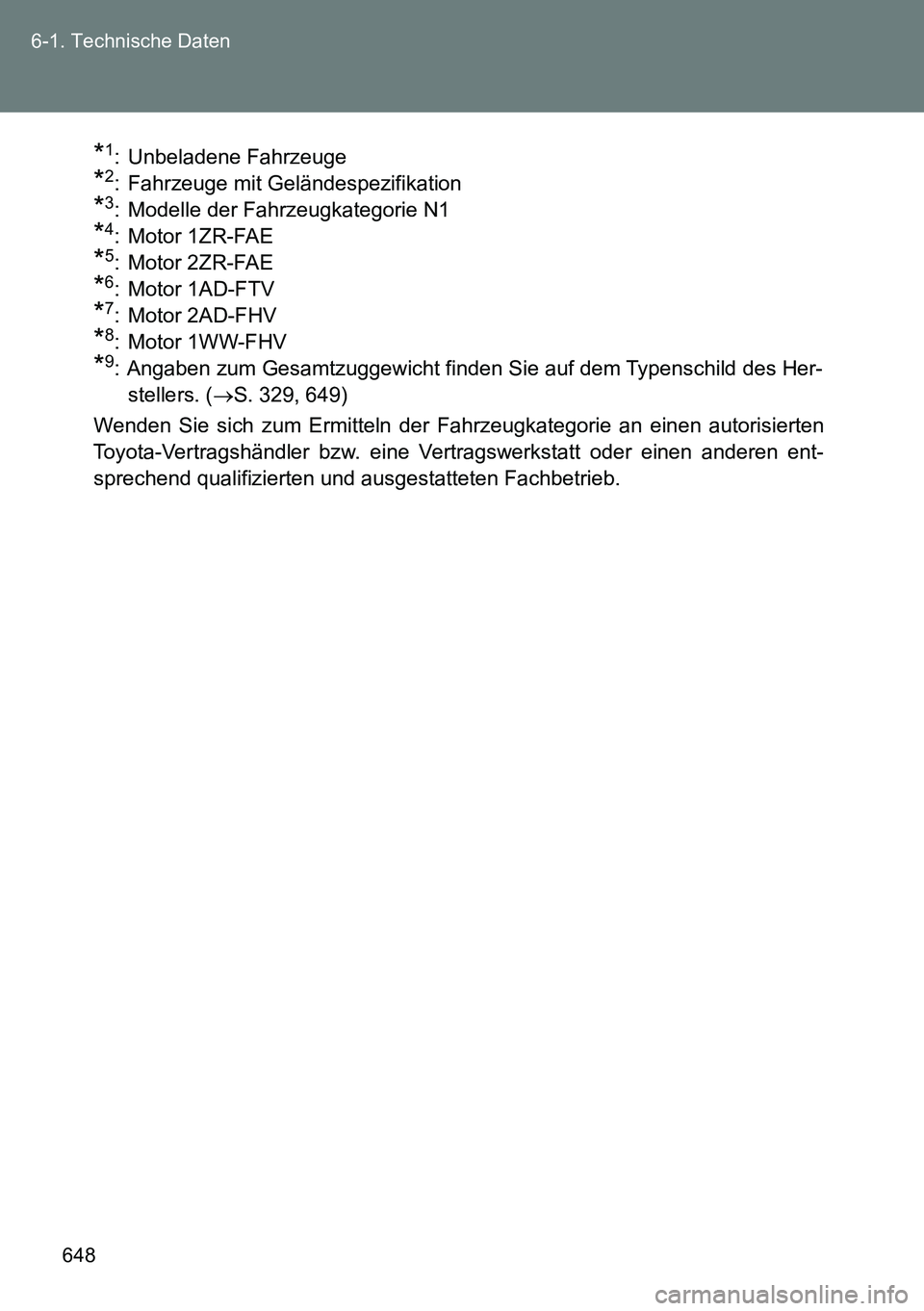 TOYOTA VERSO 2014  Betriebsanleitungen (in German) 648 6-1. Technische Daten
*1: Unbeladene Fahrzeuge
*2: Fahrzeuge mit Geländespezifikation
*3: Modelle der Fahrzeugkategorie N1
*4: Motor 1ZR-FAE
*5: Motor 2ZR-FAE
*6: Motor 1AD-FTV
*7: Motor 2AD-FHV
