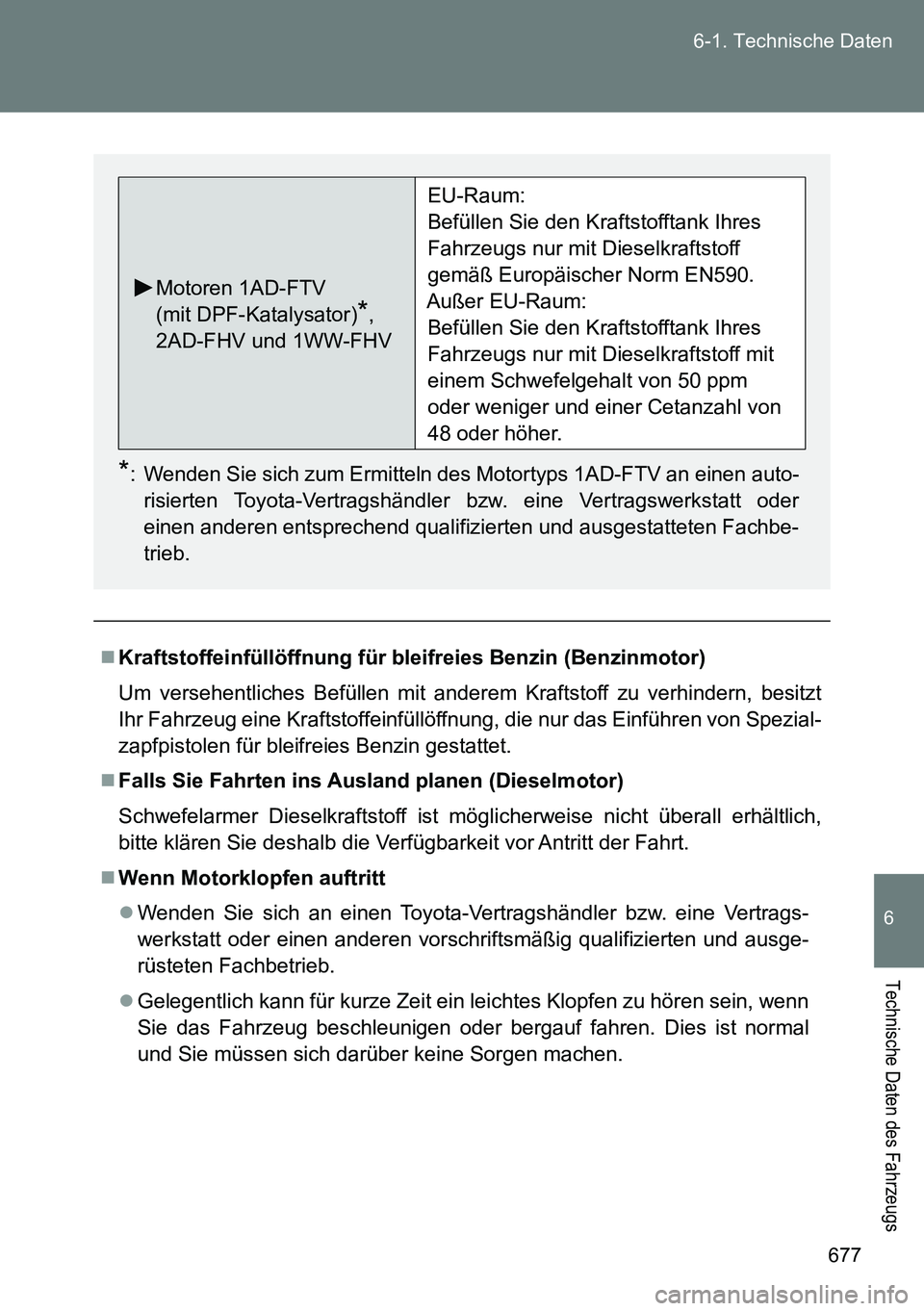 TOYOTA VERSO 2014 Betriebsanleitungen (in German) 677 6-1. Technische Daten
6
Technische Daten des Fahrzeugs
Kraftstoffeinfüllöffnung für bleifreies Benzin (Benzinmotor)
Um versehentliches Befüllen mit anderem Kraftstoff zu verhindern, besitzt TOYOTA VERSO 2014 Betriebsanleitungen (in German) 677 6-1. Technische Daten
6
Technische Daten des Fahrzeugs
Kraftstoffeinfüllöffnung für bleifreies Benzin (Benzinmotor)
Um versehentliches Befüllen mit anderem Kraftstoff zu verhindern, besitzt