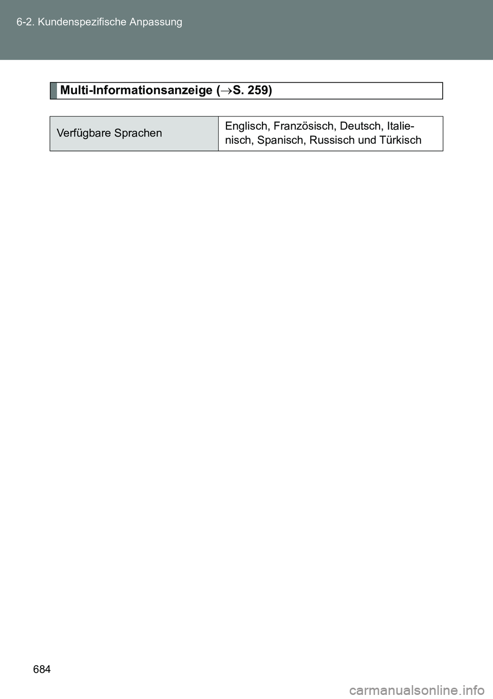 TOYOTA VERSO 2014 Betriebsanleitungen (in German) 684 6-2. Kundenspezifische Anpassung
Multi-Informationsanzeige (S. 259)
Verfügbare SprachenEnglisch, Französisch, Deutsch, Italie-
nisch, Spanisch, Russisch und Türkisch TOYOTA VERSO 2014 Betriebsanleitungen (in German) 684 6-2. Kundenspezifische Anpassung
Multi-Informationsanzeige (S. 259)
Verfügbare SprachenEnglisch, Französisch, Deutsch, Italie-
nisch, Spanisch, Russisch und Türkisch