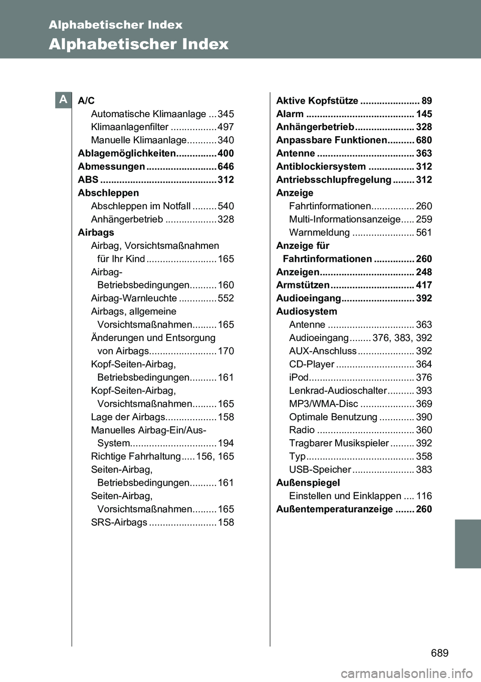 TOYOTA VERSO 2014 Betriebsanleitungen (in German) 689
Alphabetischer Index
Alphabetischer Index
A/C
Automatische Klimaanlage ... 345
Klimaanlagenfilter ................. 497
Manuelle Klimaanlage........... 340
Ablagemöglichkeiten............... 400
TOYOTA VERSO 2014 Betriebsanleitungen (in German) 689
Alphabetischer Index
Alphabetischer Index
A/C
Automatische Klimaanlage ... 345
Klimaanlagenfilter ................. 497
Manuelle Klimaanlage........... 340
Ablagemöglichkeiten............... 400