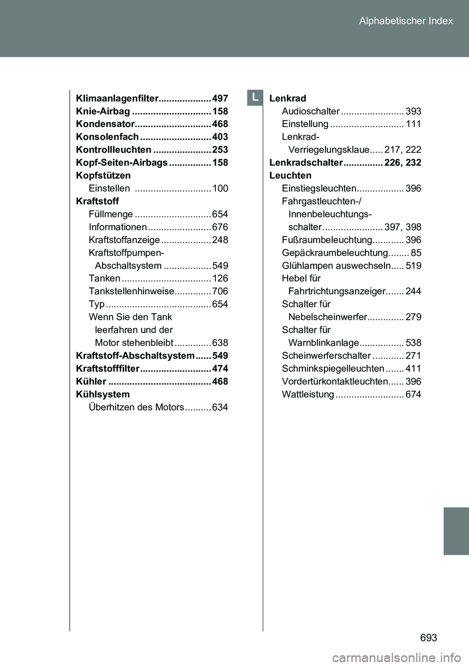 TOYOTA VERSO 2014  Betriebsanleitungen (in German) 693 Alphabetischer Index
Klimaanlagenfilter.................... 497
Knie-Airbag .............................. 158
Kondensator............................. 468
Konsolenfach ...........................