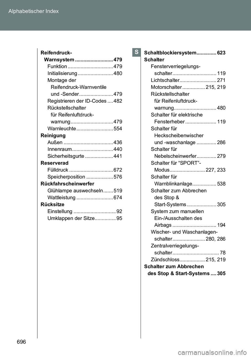TOYOTA VERSO 2014 Betriebsanleitungen (in German) 696 Alphabetischer Index
Reifendruck-
Warnsystem ........................... 479
Funktion ................................ 479
Initialisierung ......................... 480
Montage der
Reifendruck-W TOYOTA VERSO 2014 Betriebsanleitungen (in German) 696 Alphabetischer Index
Reifendruck-
Warnsystem ........................... 479
Funktion ................................ 479
Initialisierung ......................... 480
Montage der
Reifendruck-W