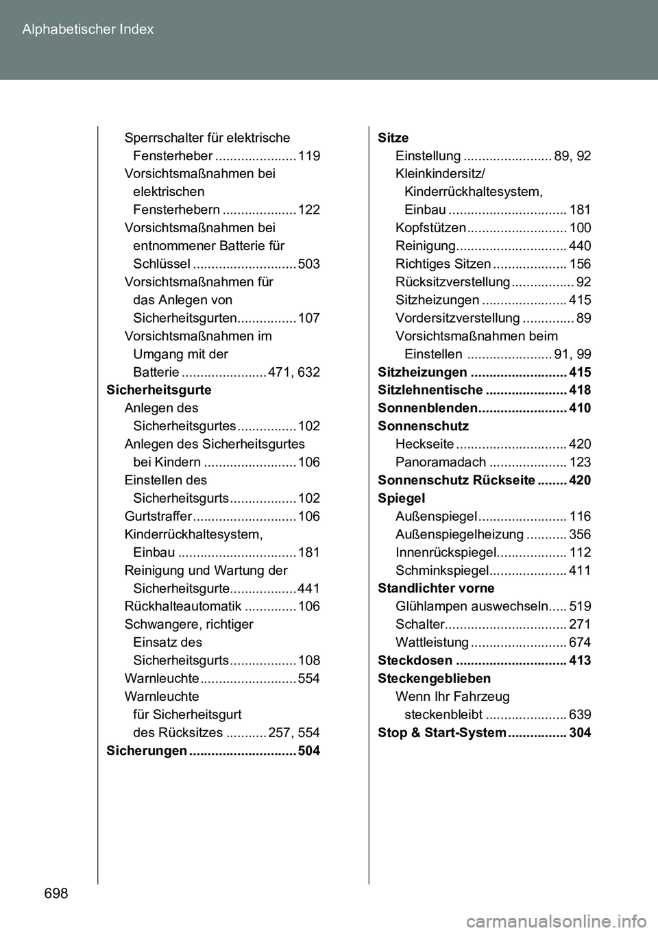 TOYOTA VERSO 2014 Betriebsanleitungen (in German) 698 Alphabetischer Index
Sperrschalter für elektrische
Fensterheber ...................... 119
Vorsichtsmaßnahmen bei
elektrischen
Fensterhebern .................... 122
Vorsichtsmaßnahmen bei
TOYOTA VERSO 2014 Betriebsanleitungen (in German) 698 Alphabetischer Index
Sperrschalter für elektrische
Fensterheber ...................... 119
Vorsichtsmaßnahmen bei
elektrischen
Fensterhebern .................... 122
Vorsichtsmaßnahmen bei
