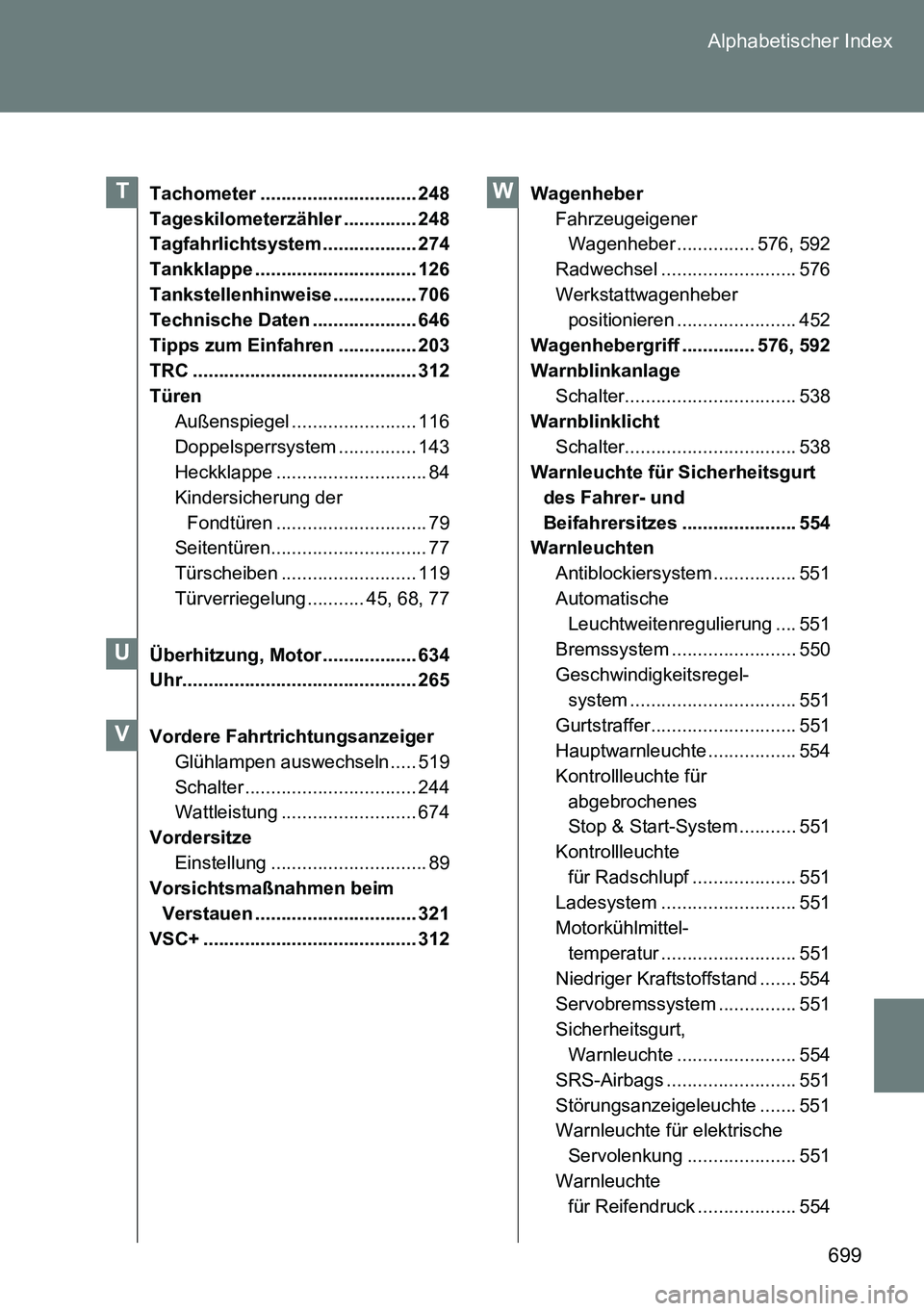 TOYOTA VERSO 2014 Betriebsanleitungen (in German) 699 Alphabetischer Index
Tachometer .............................. 248
Tageskilometerzähler .............. 248
Tagfahrlichtsystem .................. 274
Tankklappe ............................... 126 TOYOTA VERSO 2014 Betriebsanleitungen (in German) 699 Alphabetischer Index
Tachometer .............................. 248
Tageskilometerzähler .............. 248
Tagfahrlichtsystem .................. 274
Tankklappe ............................... 126