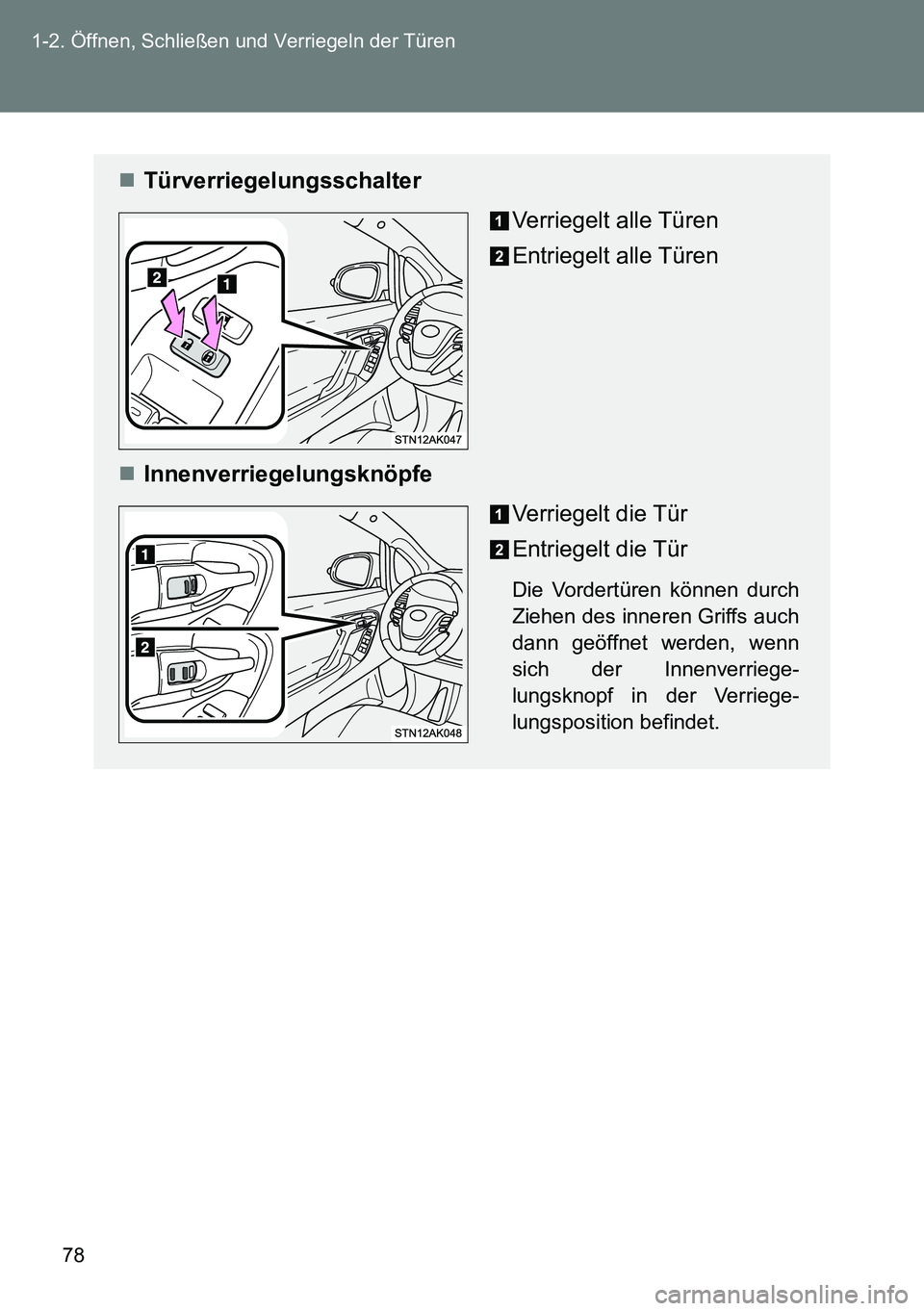 TOYOTA VERSO 2014  Betriebsanleitungen (in German) 78 1-2. Öffnen, Schließen und Verriegeln der Türen
Türverriegelungsschalter
Verriegelt alle Türen
Entriegelt alle Türen
Innenverriegelungsknöpfe
Verriegelt die Tür
Entriegelt die Tür
Di