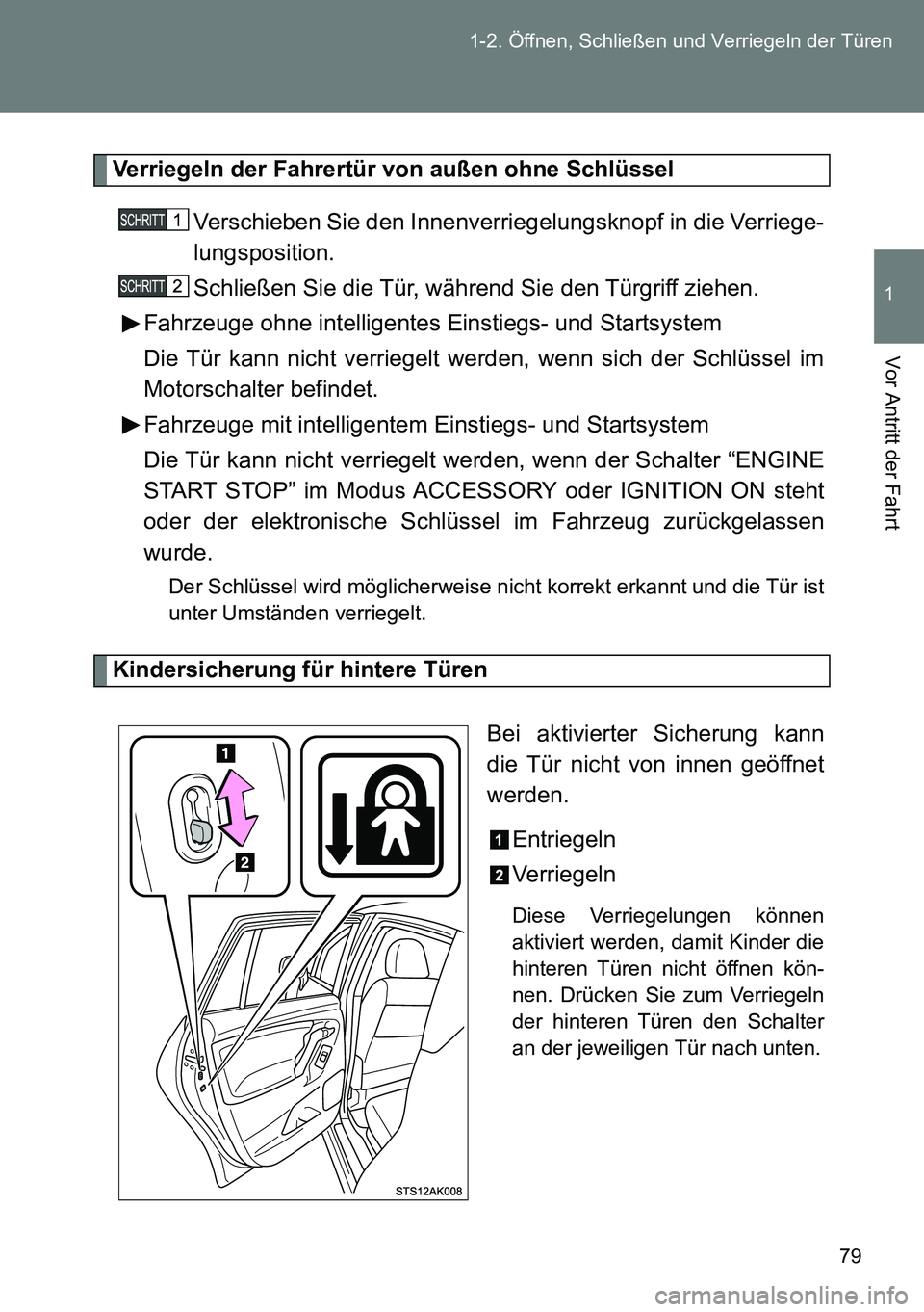 TOYOTA VERSO 2014 Betriebsanleitungen (in German) 79 1-2. Öffnen, Schließen und Verriegeln der Türen
1
Vor Antritt der Fahrt
Verriegeln der Fahrertür von außen ohne Schlüssel
Verschieben Sie den Innenverriegelungsknopf in die Verriege-
lungspos TOYOTA VERSO 2014 Betriebsanleitungen (in German) 79 1-2. Öffnen, Schließen und Verriegeln der Türen
1
Vor Antritt der Fahrt
Verriegeln der Fahrertür von außen ohne Schlüssel
Verschieben Sie den Innenverriegelungsknopf in die Verriege-
lungspos