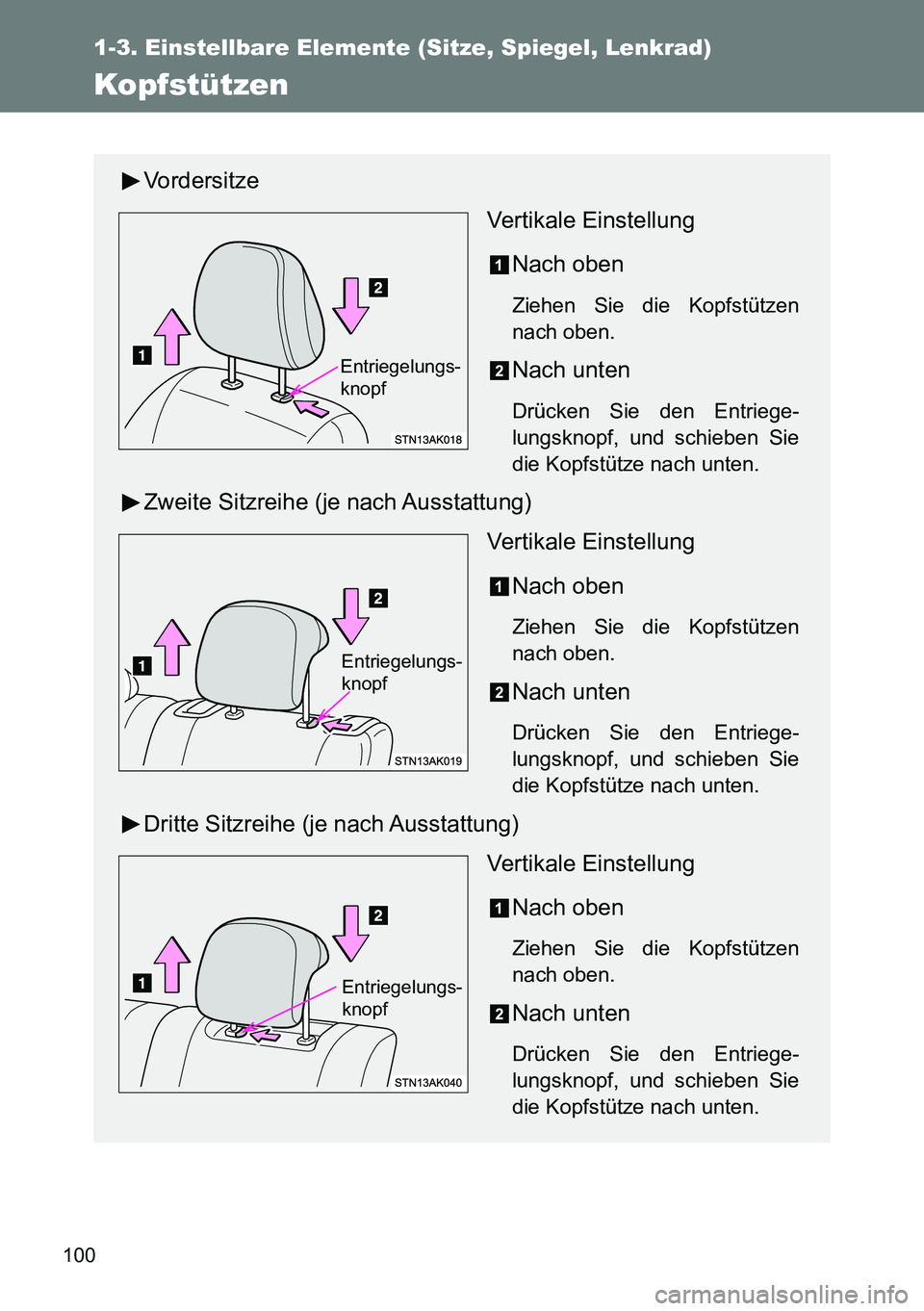 TOYOTA VERSO 2014 Betriebsanleitungen (in German) 100
1-3. Einstellbare Elemente (Sitze, Spiegel, Lenkrad)
Kopfstützen
Vordersitze
Vertikale Einstellung
Nach oben
Ziehen Sie die Kopfstützen
nach oben.
Nach unten
Drücken Sie den Entriege-
lungsknop TOYOTA VERSO 2014 Betriebsanleitungen (in German) 100
1-3. Einstellbare Elemente (Sitze, Spiegel, Lenkrad)
Kopfstützen
Vordersitze
Vertikale Einstellung
Nach oben
Ziehen Sie die Kopfstützen
nach oben.
Nach unten
Drücken Sie den Entriege-
lungsknop