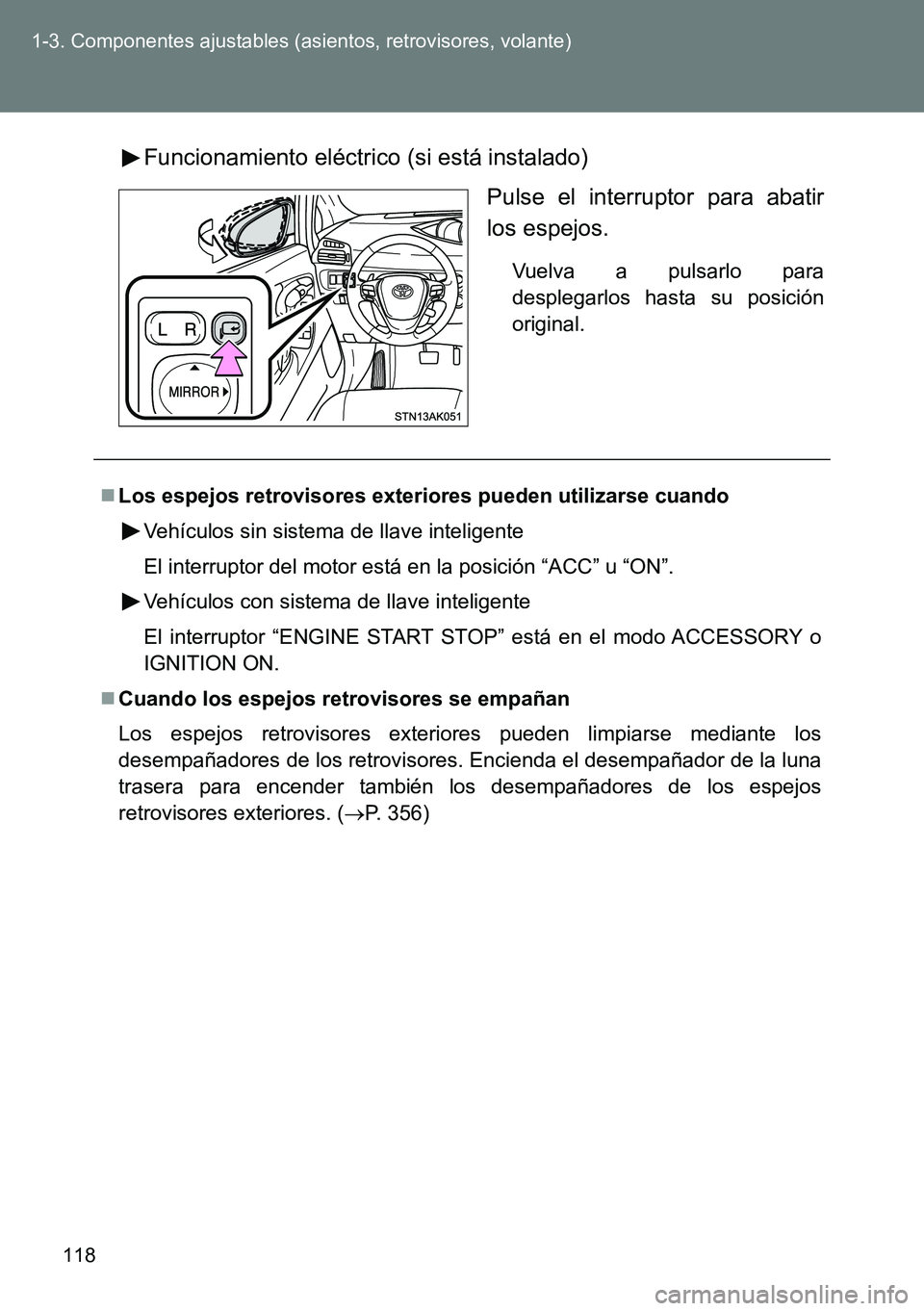 TOYOTA VERSO 2014  Manual del propietario (in Spanish) 118 1-3. Componentes ajustables (asientos, retrovisores, volante)
Funcionamiento eléctrico (si está instalado)
Pulse el interruptor para abatir
los espejos.
Vuelva a pulsarlo para
desplegarlos hasta