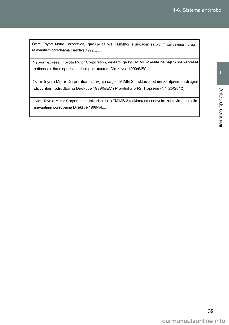 TOYOTA VERSO 2014  Manual del propietario (in Spanish) 139 1-6. Sistema antirrobo
1
Antes de conducir 