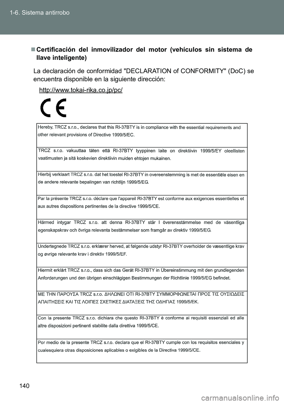 TOYOTA VERSO 2014  Manual del propietario (in Spanish) 140 1-6. Sistema antirrobo
Certificación del inmovilizador del motor (vehículos sin sistema de
llave inteligente)
La declaración de conformidad "DECLARATION of CONFORMITY" (DoC) se
encuentra dis