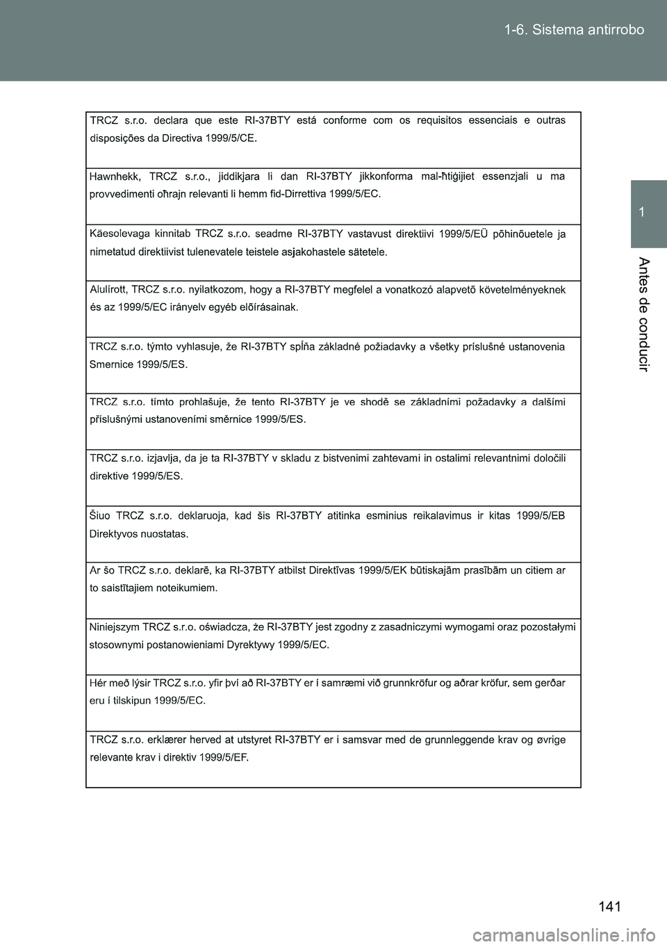 TOYOTA VERSO 2014  Manual del propietario (in Spanish) 141 1-6. Sistema antirrobo
1
Antes de conducir 