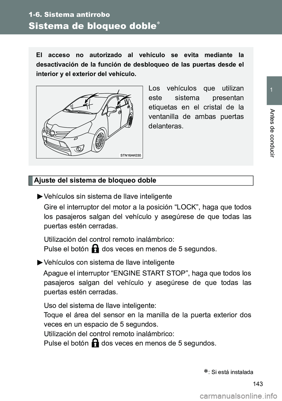 TOYOTA VERSO 2014  Manual del propietario (in Spanish) 143
1
1-6. Sistema antirrobo
Antes de conducir
Sistema de bloqueo doble
Ajuste del sistema de bloqueo doble
Vehículos sin sistema de llave inteligente
Gire el interruptor del motor a la posición 