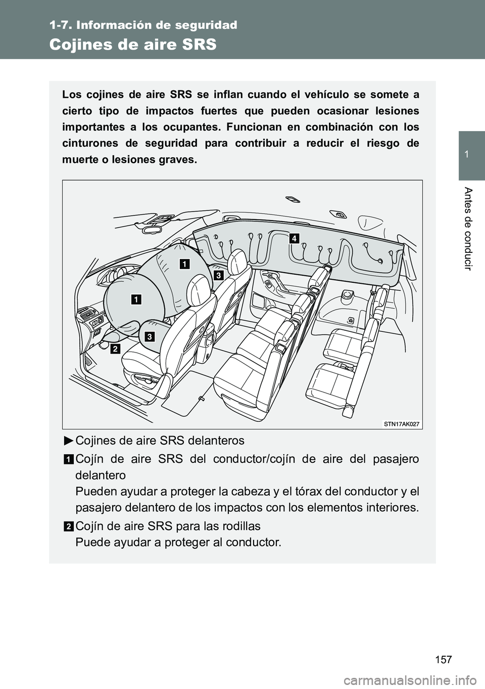 TOYOTA VERSO 2014  Manual del propietario (in Spanish) 157
1
1-7. Información de seguridad
Antes de conducir
Cojines de aire SRS
Los cojines de aire SRS se inflan cuando el vehículo se somete a
cierto tipo de impactos fuertes que pueden ocasionar lesion