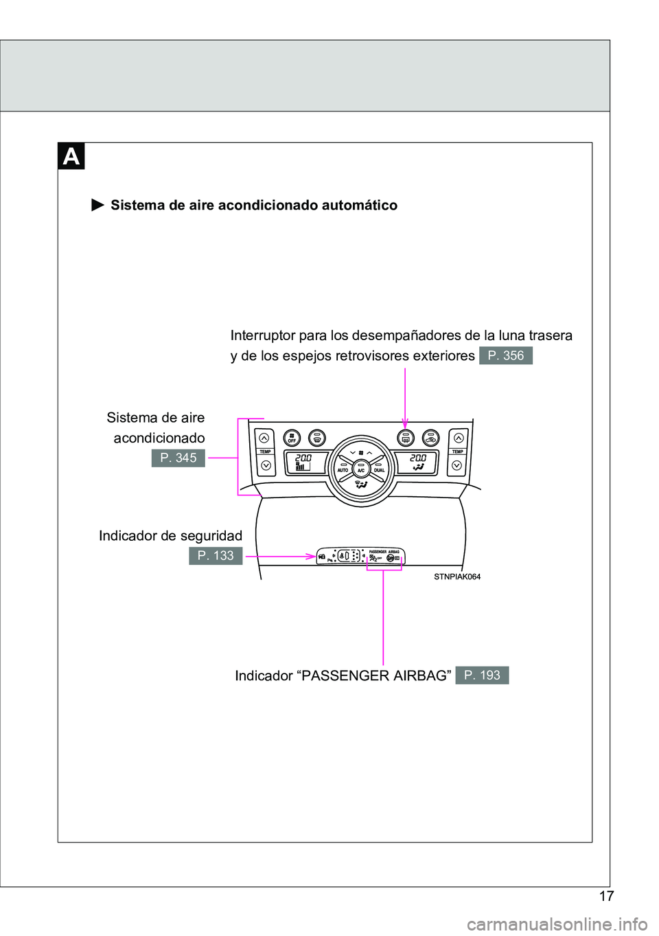 TOYOTA VERSO 2014  Manual del propietario (in Spanish) 17
 Sistema de aire acondicionado automático
Indicador de seguridad
P. 133
Interruptor para los desempañadores de la luna trasera 
y de los espejos retrovisores exteriores 
P. 356
Indicador “PASSE