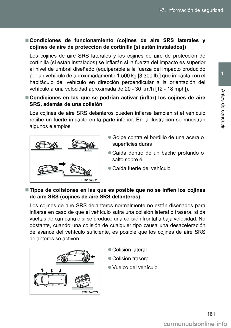 TOYOTA VERSO 2014  Manual del propietario (in Spanish) 161 1-7. Información de seguridad
1
Antes de conducir
Condiciones de funcionamiento (cojines de aire SRS laterales y
cojines de aire de protección de cortinilla [si están instalados])
Los cojine