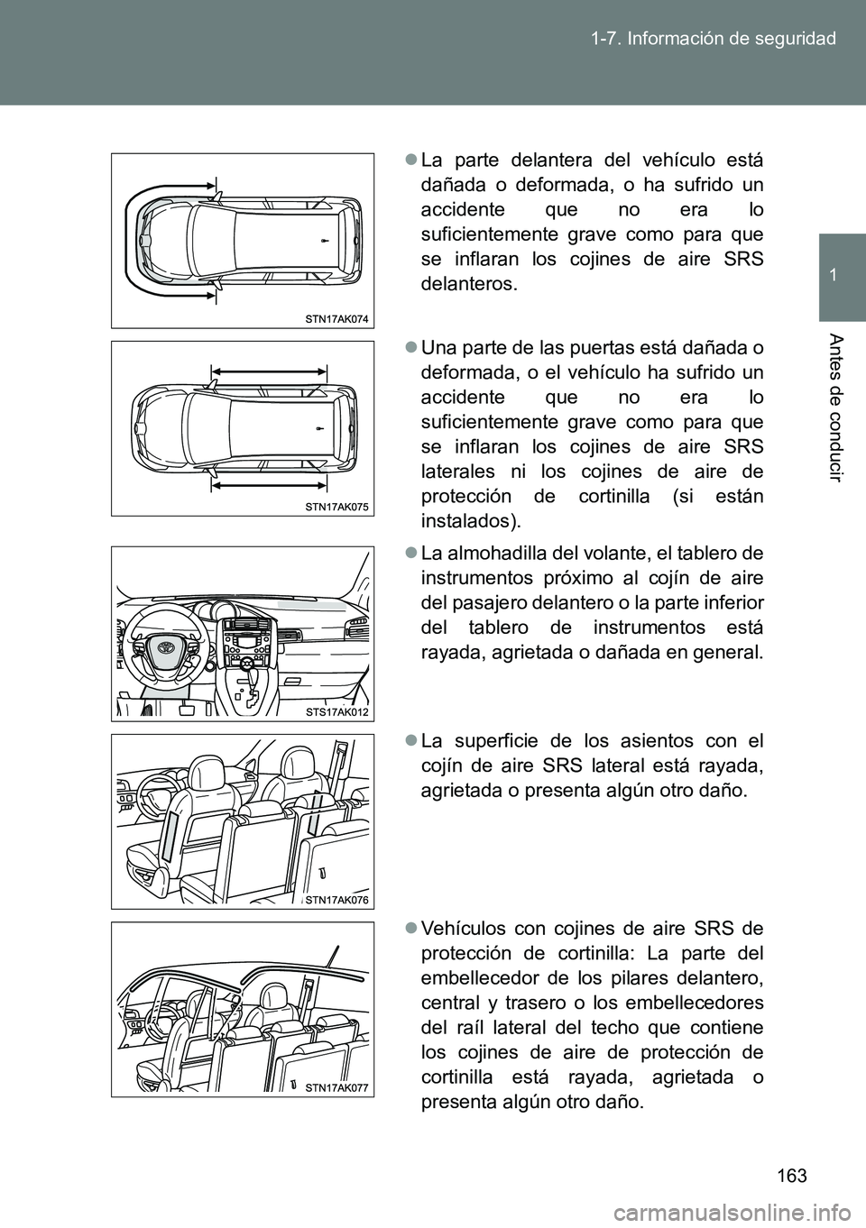 TOYOTA VERSO 2014  Manual del propietario (in Spanish) 163 1-7. Información de seguridad
1
Antes de conducir
La parte delantera del vehículo está
dañada o deformada, o ha sufrido un
accidente que no era lo
suficientemente grave como para que
se inf