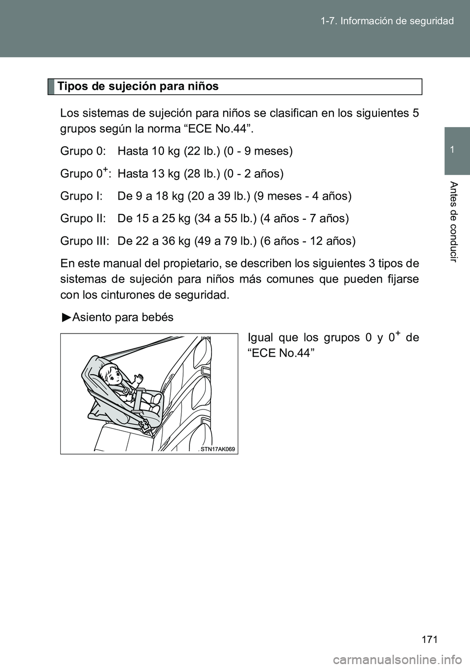 TOYOTA VERSO 2014 Manual del propietario (in Spanish) 171 1-7. Información de seguridad
1
Antes de conducir
Tipos de sujeción para niños
Los sistemas de sujeción para niños se clasifican en los siguientes 5
grupos según la norma “ECE No.44”.
Gr TOYOTA VERSO 2014 Manual del propietario (in Spanish) 171 1-7. Información de seguridad
1
Antes de conducir
Tipos de sujeción para niños
Los sistemas de sujeción para niños se clasifican en los siguientes 5
grupos según la norma “ECE No.44”.
Gr