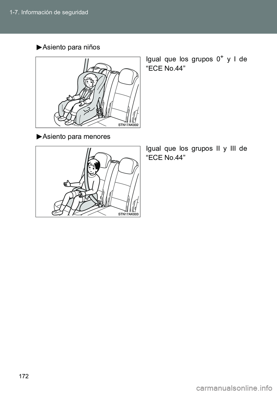TOYOTA VERSO 2014 Manual del propietario (in Spanish) 172 1-7. Información de seguridad
Asiento para niños
Igual que los grupos 0
+ y I de
“ECE No.44”
Asiento para menores
Igual que los grupos II y III de
“ECE No.44” TOYOTA VERSO 2014 Manual del propietario (in Spanish) 172 1-7. Información de seguridad
Asiento para niños
Igual que los grupos 0
+ y I de
“ECE No.44”
Asiento para menores
Igual que los grupos II y III de
“ECE No.44”
